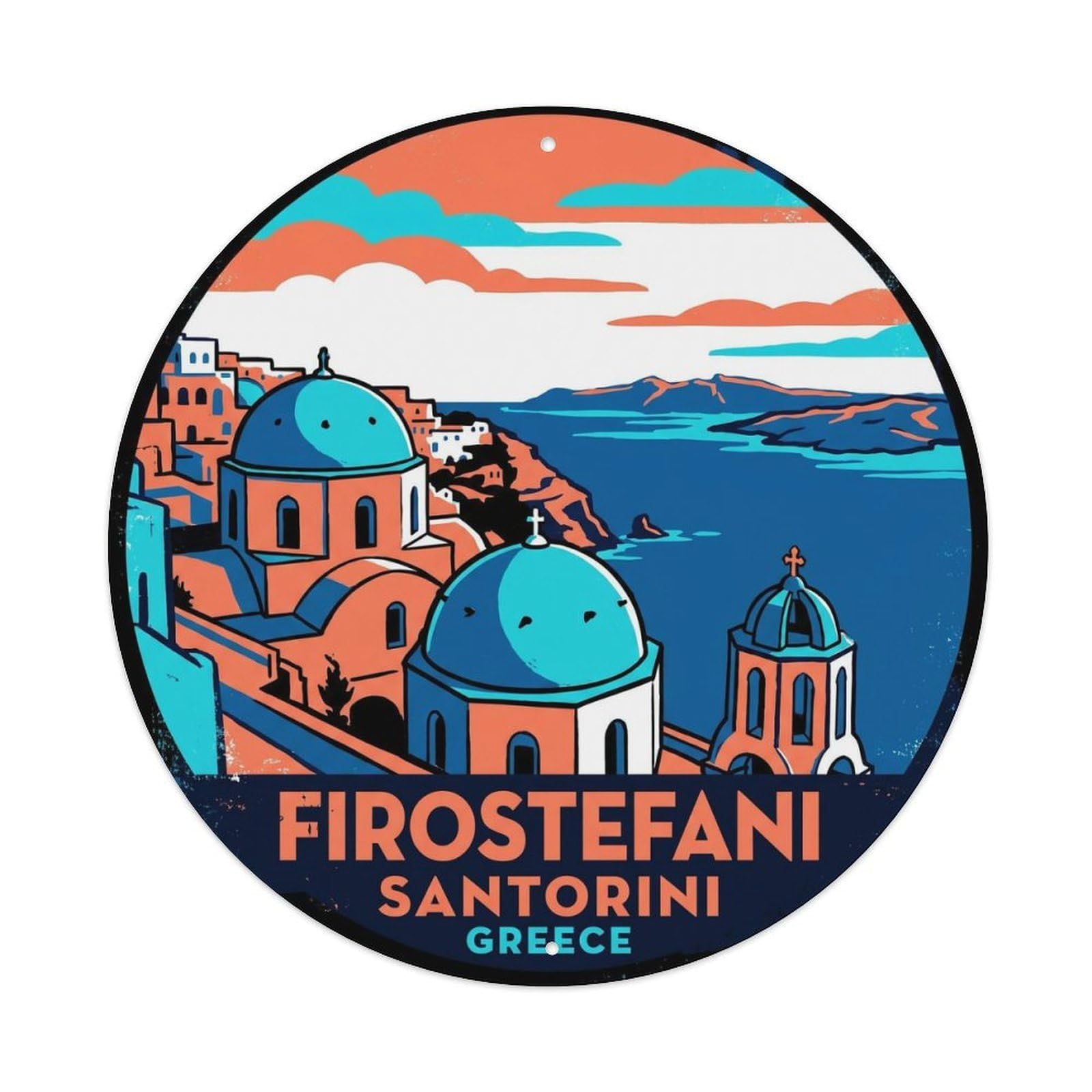 Three Blue Domes Firostefani Santorini Greece Caldera Metal Tin Sign