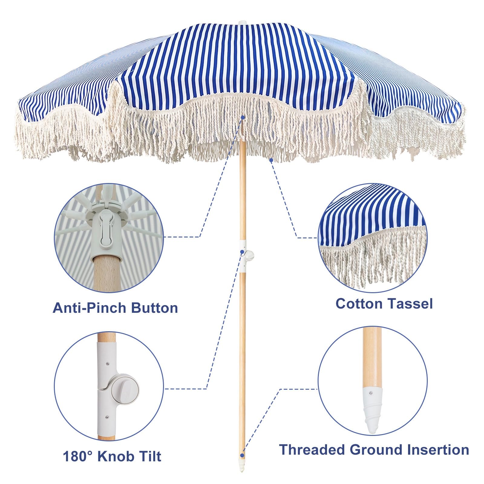Parasol przeciwsłoneczny na patio przenośny z nachyleniem, 8 solidnych żeber, drążek 3,20 cm, niebiesko-białe paski na targ plażowy