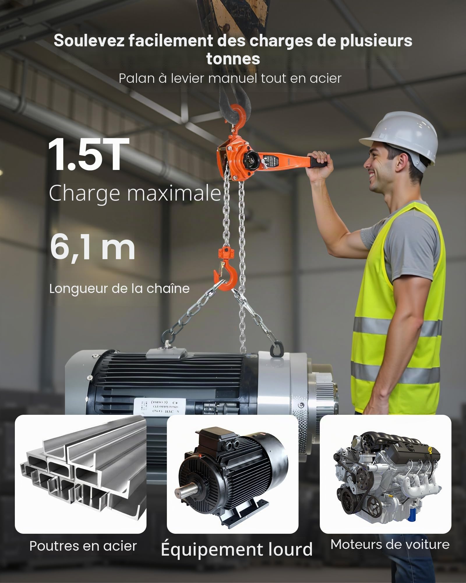 VEVOR Palan à Chaîne à Levier Manuel, Charge 1,5 t, avec Chaîne en Acier Allié G80 6 m, Frein Mécanique à Double Cliquet, Crochets Rotatifs 360°, pour Entrepôts, Chantiers de Construction, Garages