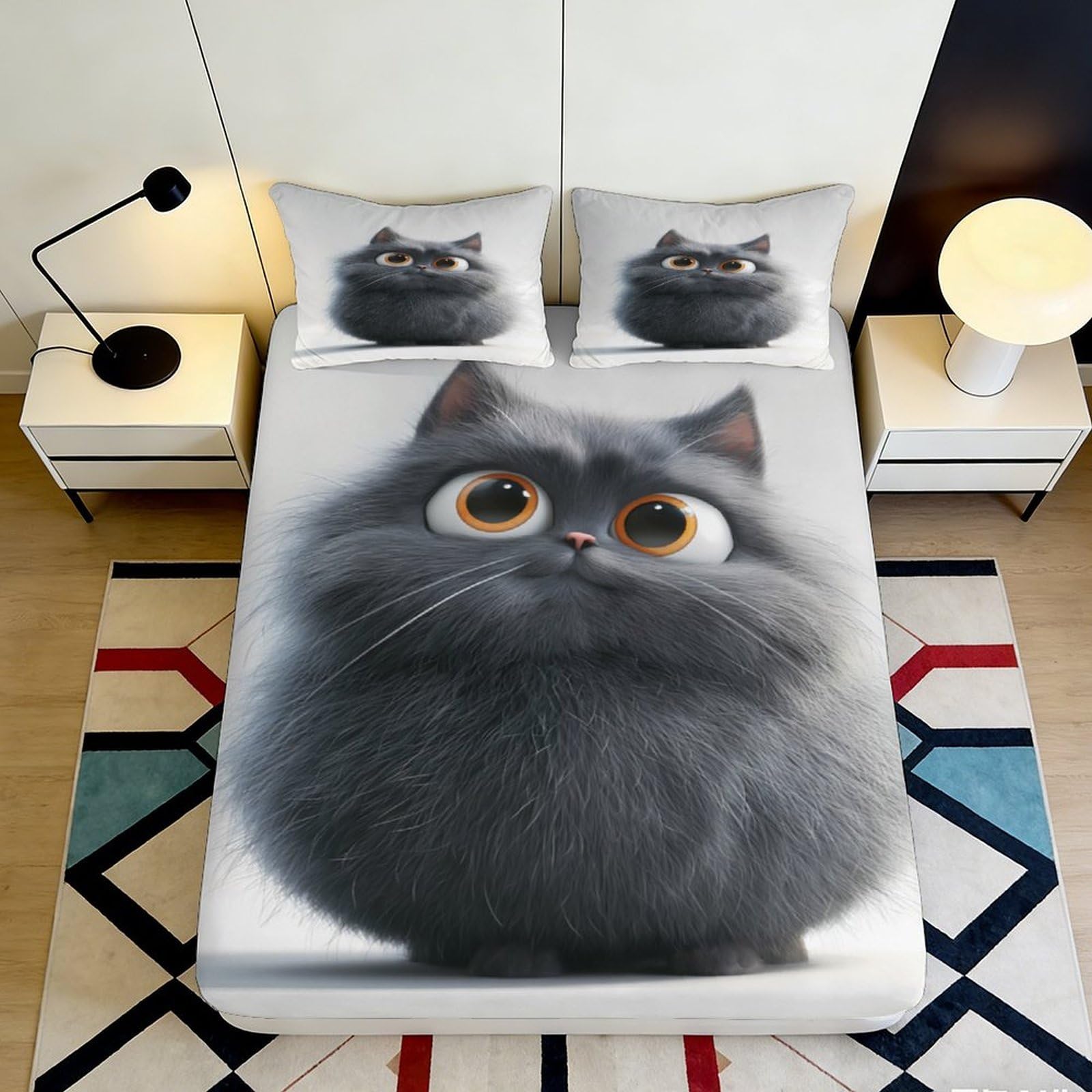 3D Printed Fluffy Cat Fitted Sheet Microfiber Soft Breathable Cartoon Kitten Bed Cover for Bedroom Dorm Decor 90x200x25cm
