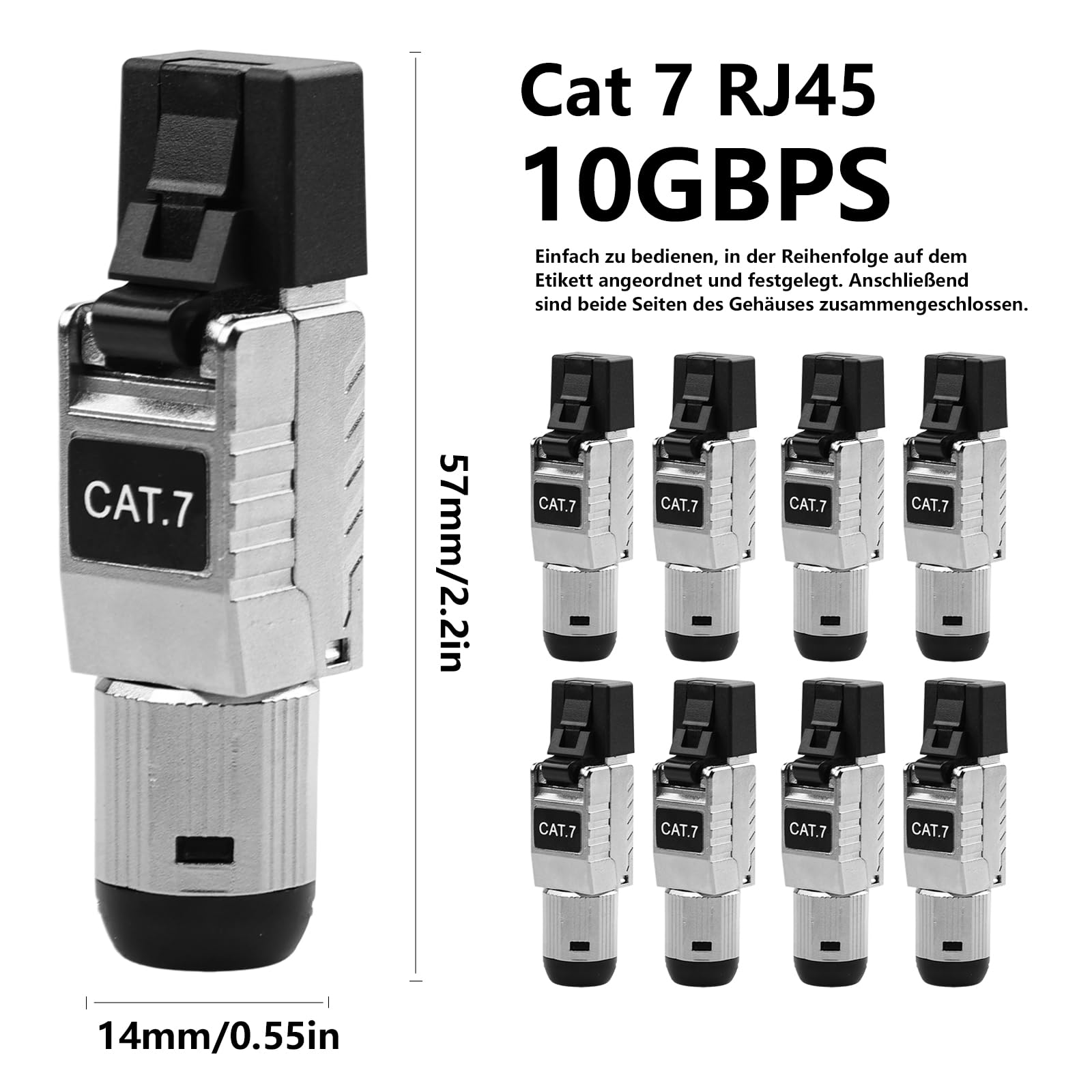 HOSPAOP Cat 7 RJ45 Stecker 10 Gbps Werkzeuglos – Netzwerkstecker Cat7 STP Vollgeschirmt, RJ45 Stecker für Verlegekabel AWG 22–24, LAN Stecker Vergoldet, Kompatibel mit Cat 6A 6, 8 Stück