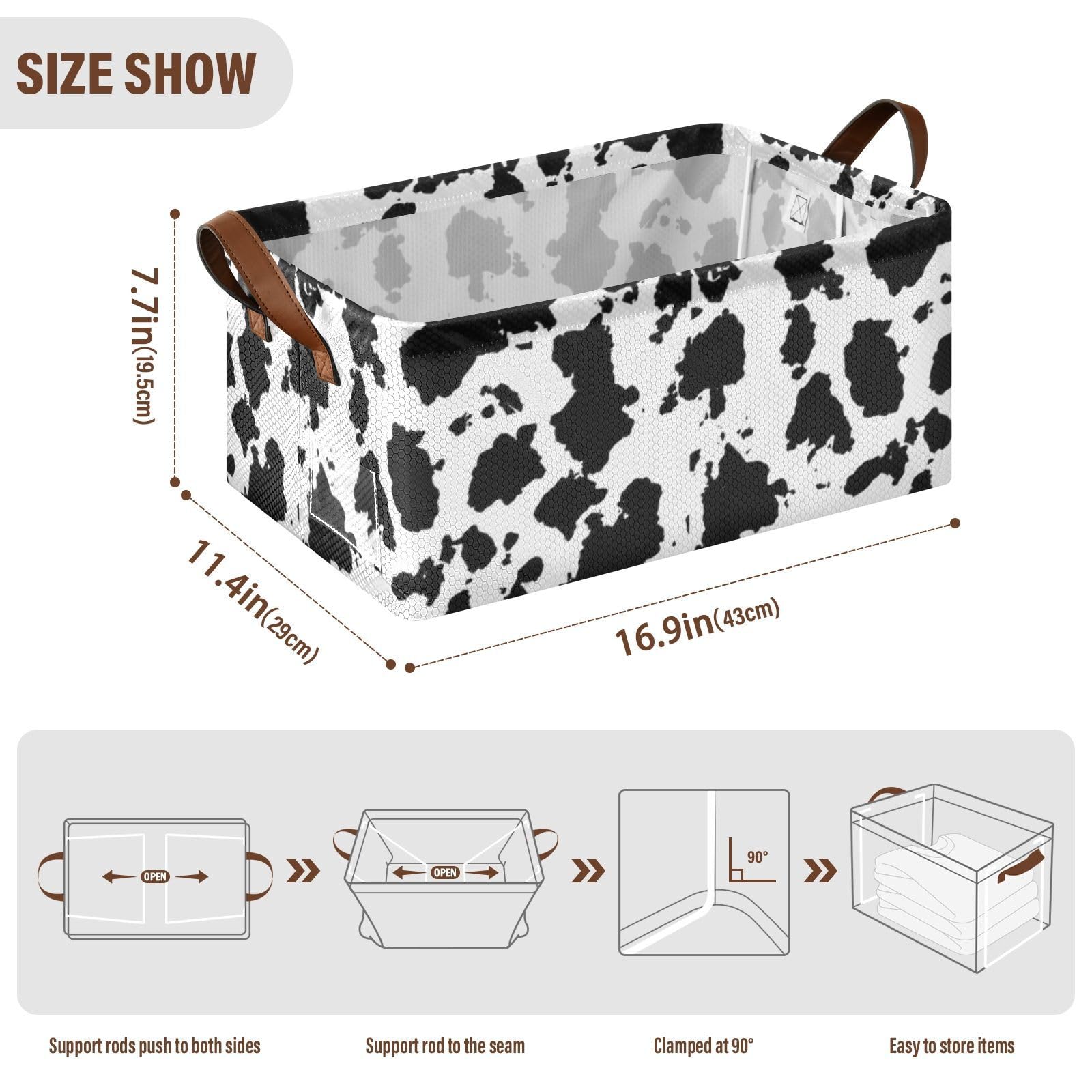 Fygkptb Cow Print Black and White Cracks Scuffs Chips Stains of Ink on White 2 PC Rectangle Foldable Frame Basket Leather Handles Storage Bin for Laundry Bathroom Organizer 16.9 x 11.4 x 7.7 inch