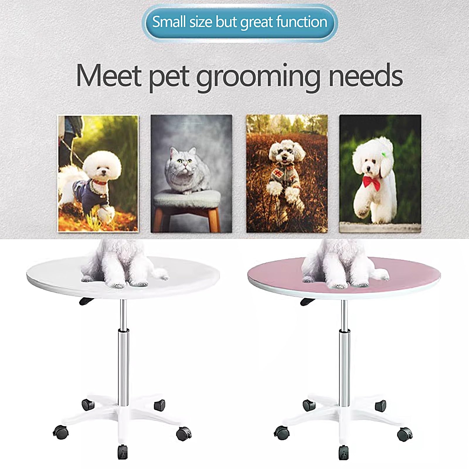 Giratorio Mesa de Peluquería para Mascotas Mesa Peluqueria Canina Elevable 59-80cm, Tablero de Madera y Marco de Acero Inoxidable con Alfombrilla de Goma(White)