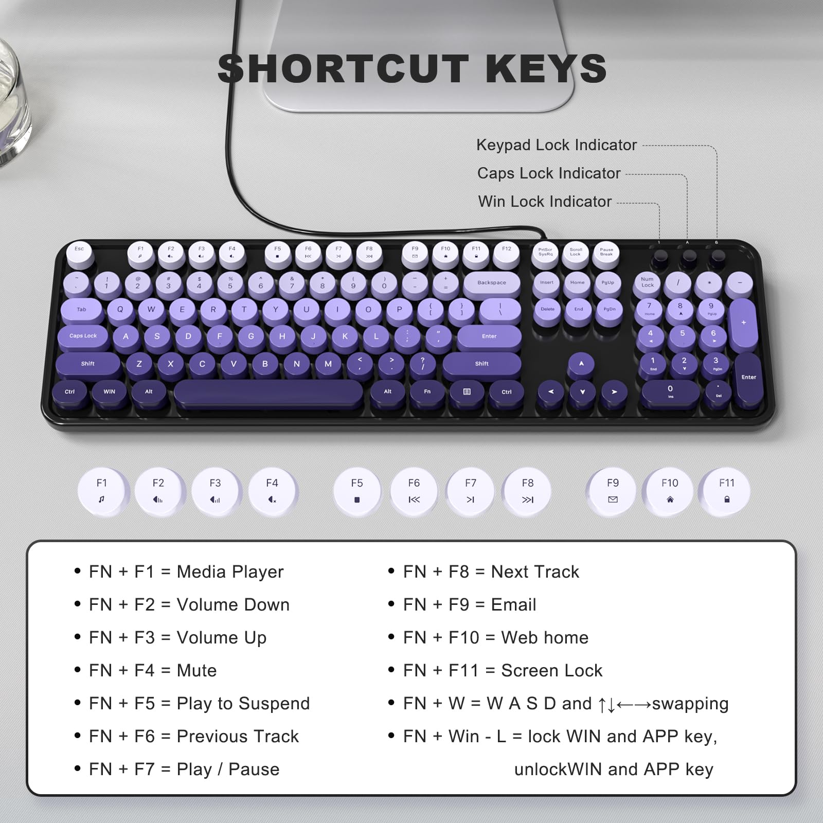 Kabelgebundene Computer-Tastatur, bunte Tastatur in voller Größe mit schwebenden runden Tasten, Schreibmaschinentastaturen für Laptop, Büro, PC, Desktop-Fenster, Schwarz / Violett