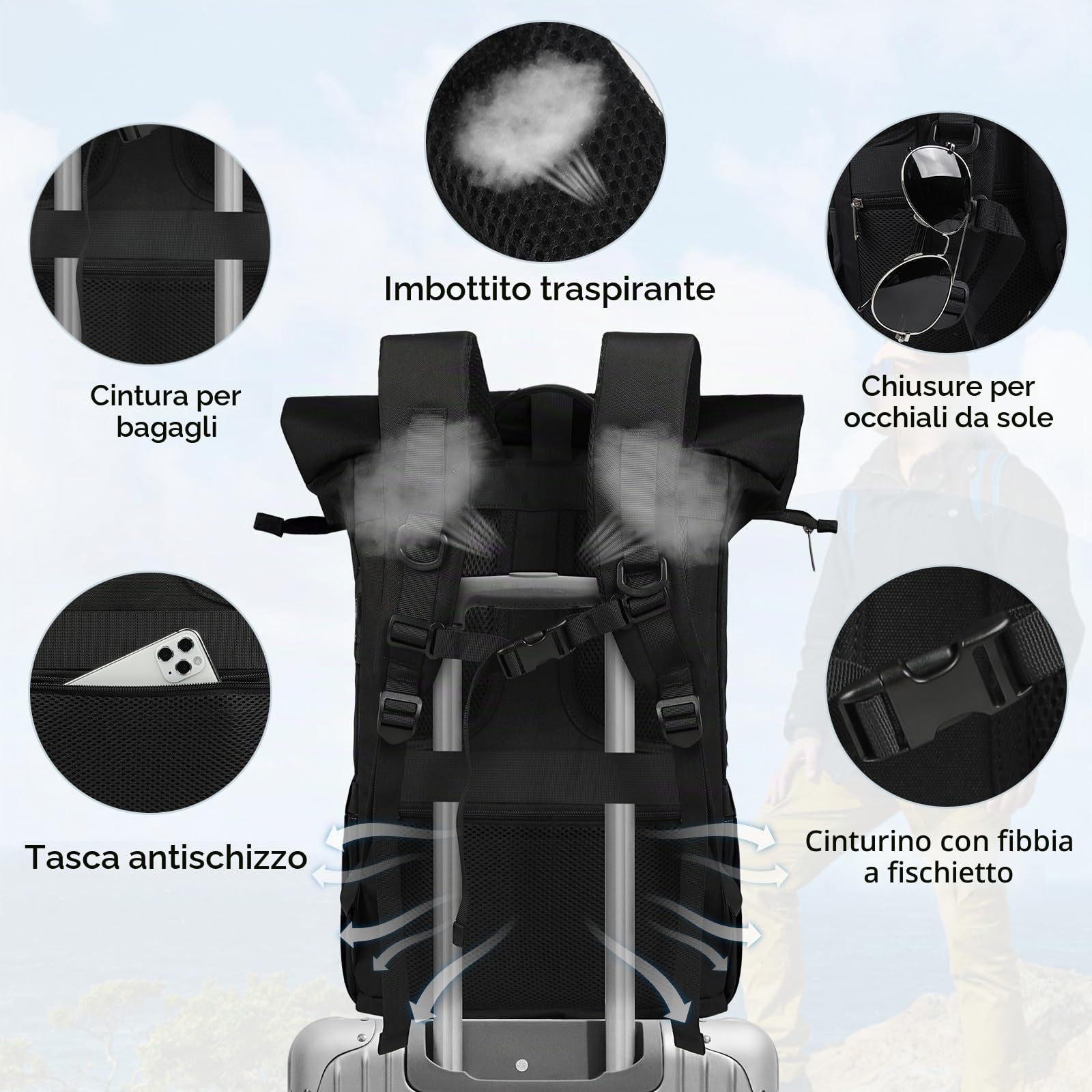 RAINSMORE Zaino Uomo Donna Porta PC 17 Pollici Impermeabile Zaino Viaggio | Zaino Trekking con Foro USB per Lavoro Alpinismo Trekking Campeggio Nero