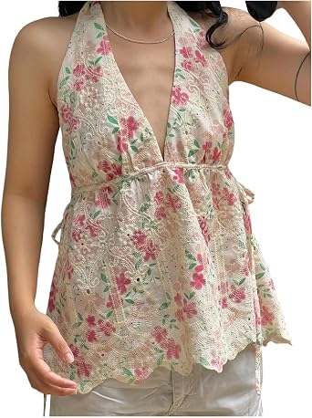 Women Floral Halter Tops Y2k V-Neck Tie Up Loose Halter Tops Summer Flower Sleeveless Backless Vest Streetwear