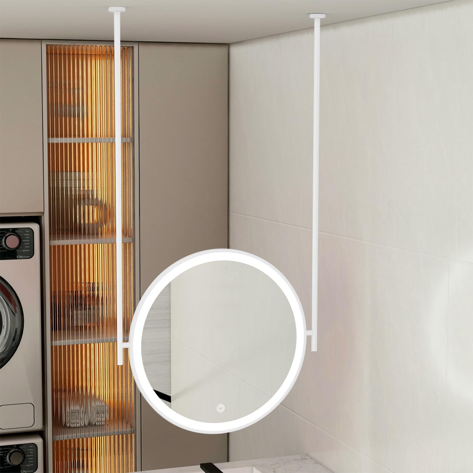 FGXHHS White LED Ceiling Mirror with Double Boom, Round Hanging for Bathroom Washroom Makeup, Large Metal Frame Vanity - Customizable Boom(Diameter-50CM/19.7INCH)
