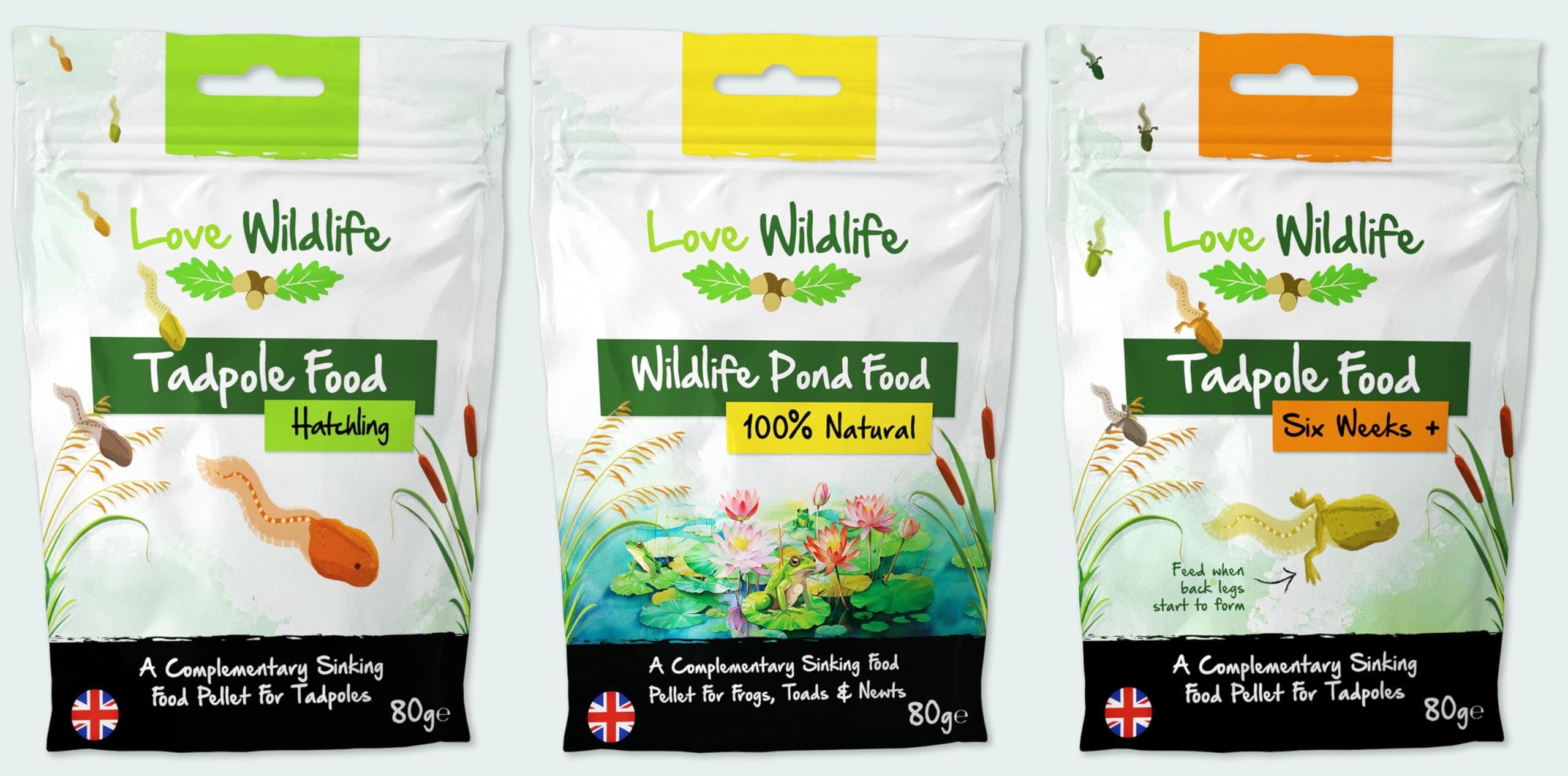 Love Wildlife Tadpole Food Triple Pack (Hatchling 80g, Six Week + 80g & Wildlife Pond Food 80g) | Frogs, Toads, Newts
