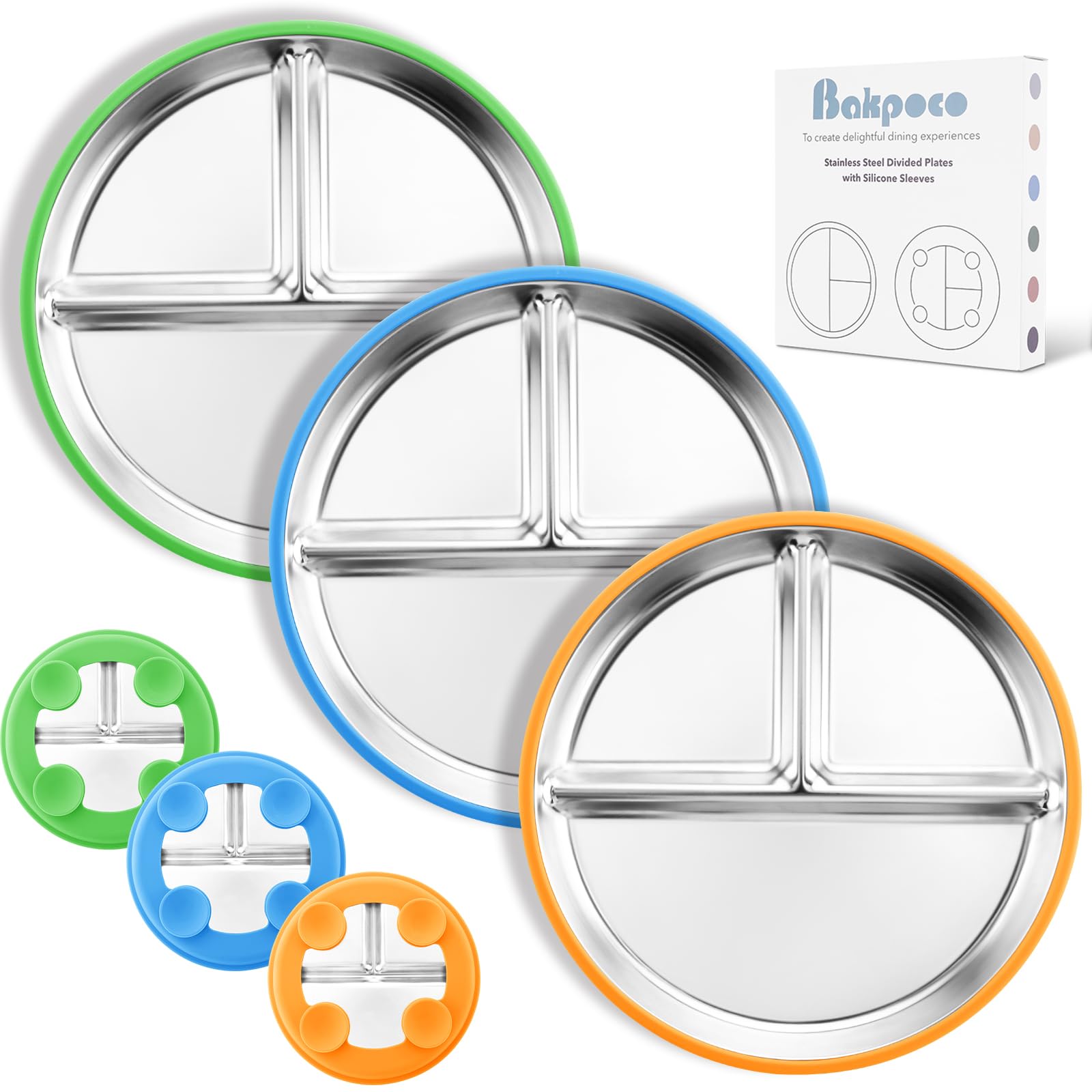 Bakpoco Stainless Steel Suction Plates for Toddlers, 9" Divided Kids Baby Plates with Removable Silicone Suction, Non Toxic Non Slip Portion Control Snack Dishes 3 Packs, Bright Orange/Blue/Green