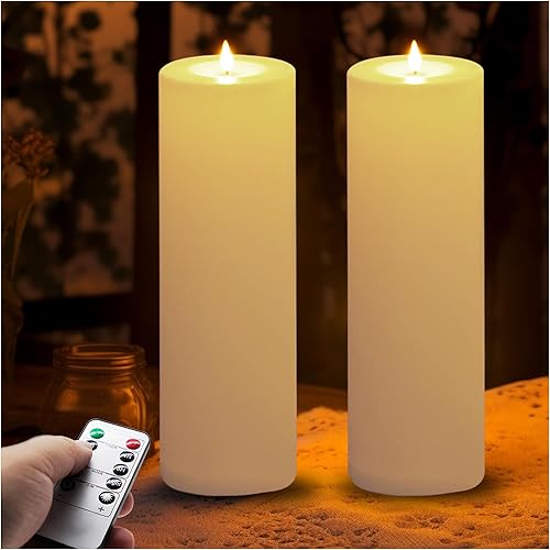 VIODAIM Velas grandes para exteriores de 12 x 4 pulgadas, impermeables, paquete de 2 velas sin llama, funciona con pilas, velas LED parpadeantes con