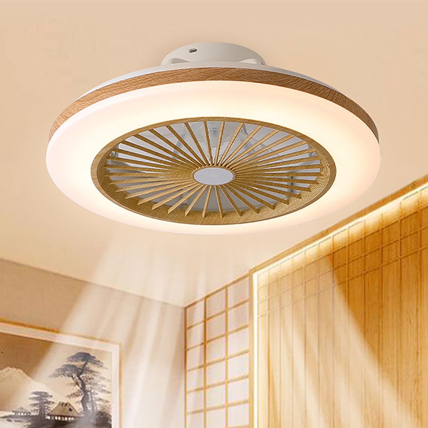 HXYSXHJUO Ceiling Fan with Light and Remote Modern Wood Grain Quiet DC Motor 6 Wind Speeds 3 Color Dimmable for Bedroom, Living Room(B)