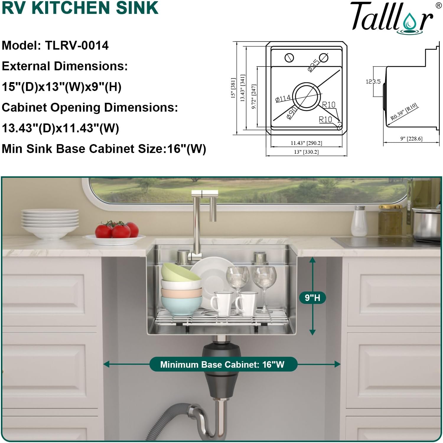 RV Kitchen Sink - 13x15x9 Inch Undermount Bar Sink with Faucet, Workstation 304 Stainless Steel 16 Guage Single Bowl Sinks with Cutting Board for RV. Kitchen Bar, Outdoor & Boat #TLRV-0024