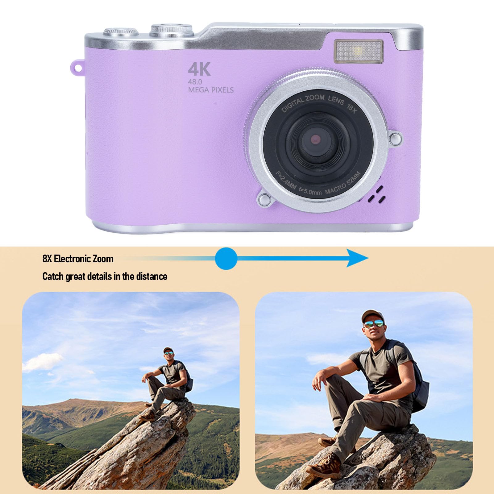 Bewinner 1080P Digital Kamera für die Fotografie, 48MP Vlogging-Kamera mit 2,4 "Flip-Bildschirm, 18x Digital-Zoom-Autofokus Kompakte Reise Kameras für Anfänger (Purple)