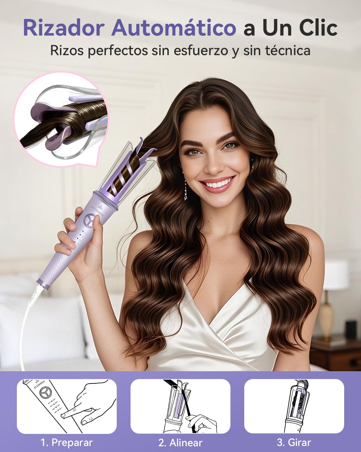 Rizador de Pelo Automático Cerámico de 25mm para Cabello Largo, 4 Temperaturas Ajustables, Protección Anti-Quemaduras, Calentamiento Rápido, Doble Voltaje Portátil