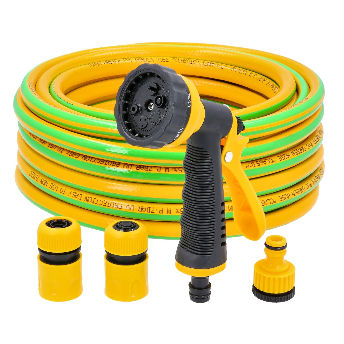 TOUGH MASTER Garden Hose 15m 50ft with 6 Pattern Spray Gun and 3 Nozzles, 3-Layer Reinforced Hosepipe 1/2 inch for Lawn Irrigation (15M Hose Set)