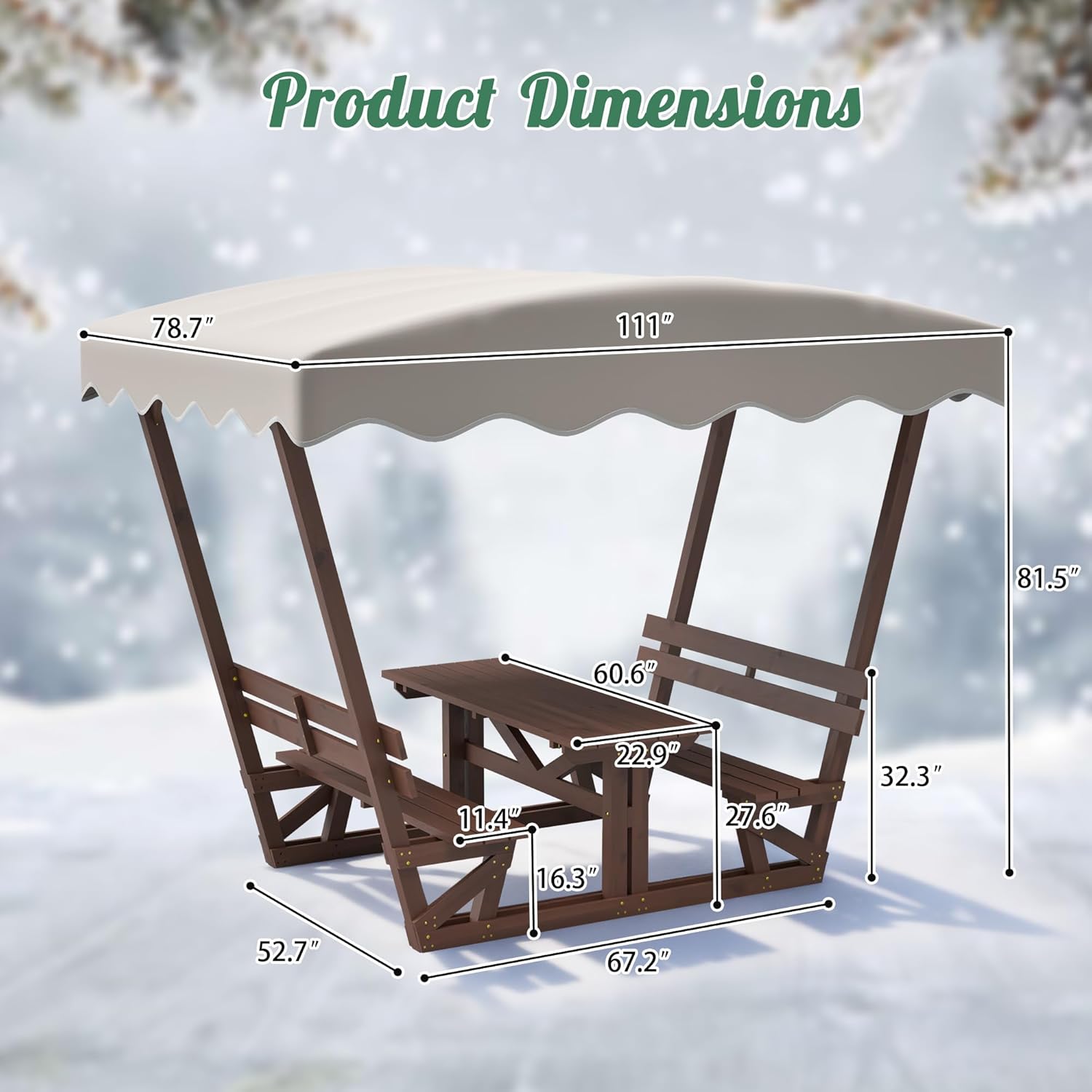 Wooden Outdoor Picnic Table and Chair Set with Two Built-in Benches, Suitable for 4–6 Adults. Solid Wood Patio Table with a Sunshade, Perfect for backyards, Parks, Beaches, and Holiday Gatherings.