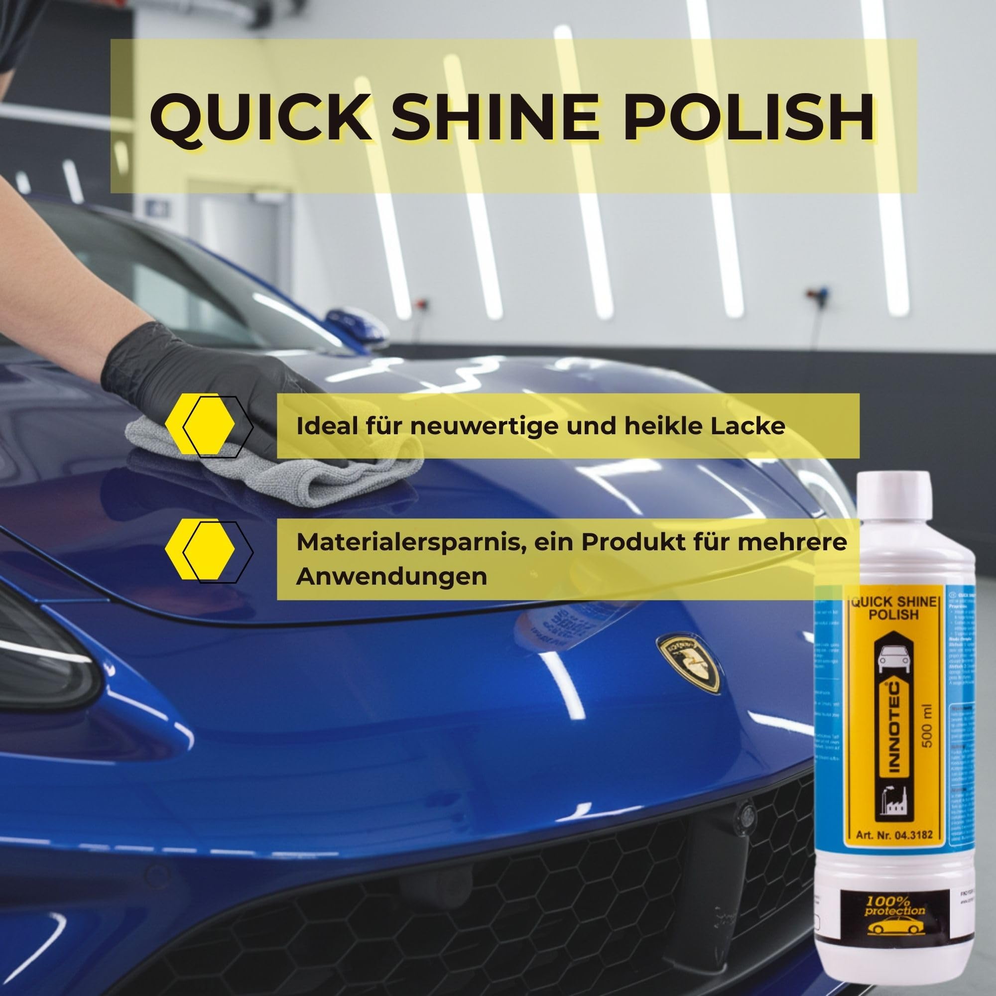 4 Stück INNOTEC Quick Shine Polish 500 ml – Hochglanz-Lackpolitur & Schutz für neuwertige Kfz-Lacke, auch dunkelblau/schwarz – langanhaltender Umweltschutz für Lack, Glas & Kunststoff – Profi-Polish