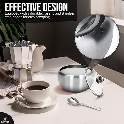 Miniatura 4 de Azucarero con tapa de vidrio y cuchara  Contenedor de azúcar de 12 onzas para barra de café  Tarro de acero inoxidable para sal, té, dulces, cubo de