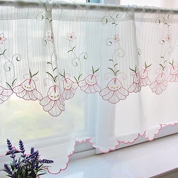 Kitchen Curtains, Nice Embroidery Cafe Curtain, White Breathable Yarn Quality, Two Tier Curtains Valance, for Living Room/Bedroom/Bathroom Windows, 1 Panel W57xH17.7 Color Pink