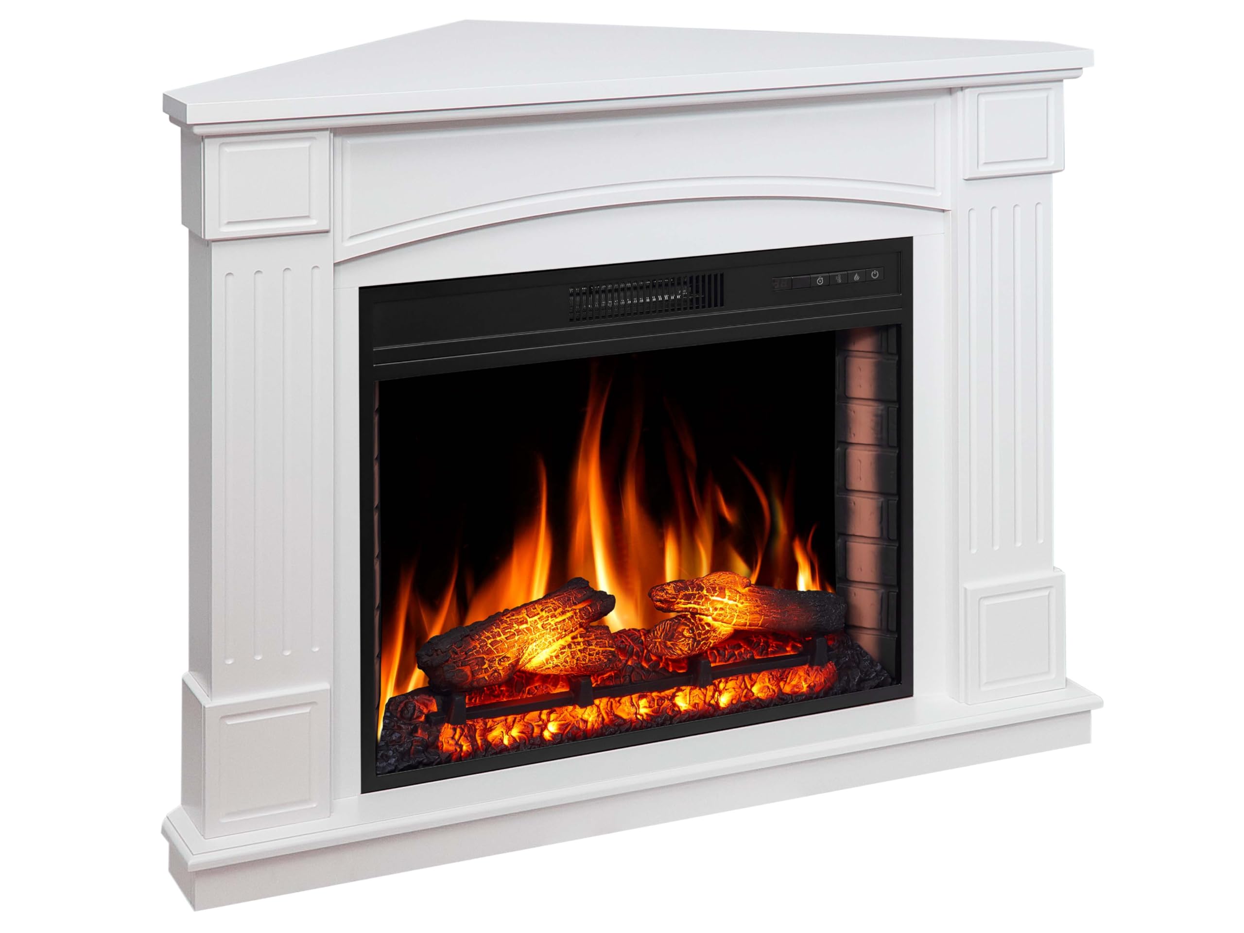 Boston Corner AF28S Caminetto elettrico con effetto fiamma a LED, legna realistica, riscaldamento fino a 30 m², risparmio energetico, installazione libera o ad angolo, bianco