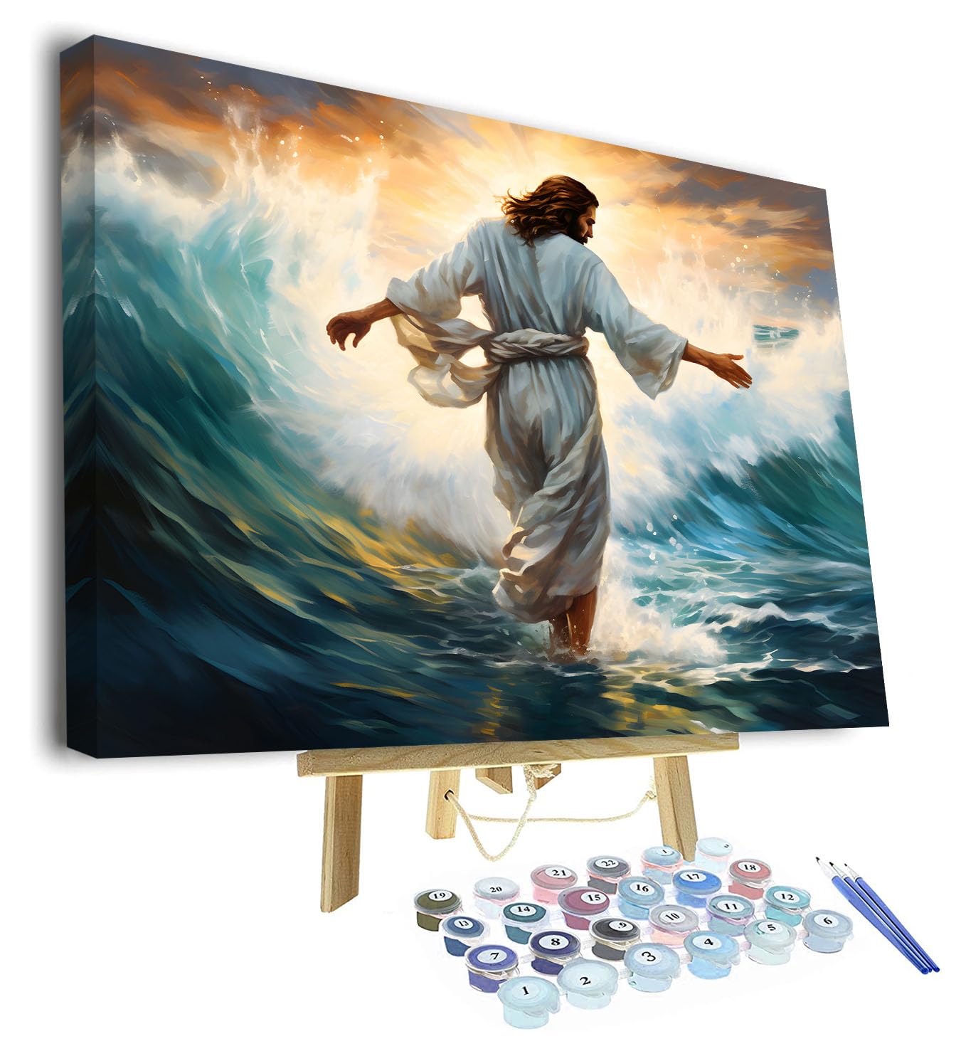 TISHIRON Paint by Numbers Kit for Adults, Adult Paint by Number, Color by Number - Jesus Christ Walking on Water in Storm, Religious Art, Painting by Numbers Canvas - 16x20 Inch(Framed)