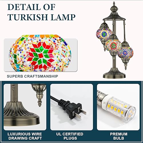 Miniatura 4 de Marrakech Lámpara turca de mesa marroquí de 3 globos con base de bronce, 23 pulgadas de alto, hecha a mano, colorido, mosaico Tiffany, lámpara