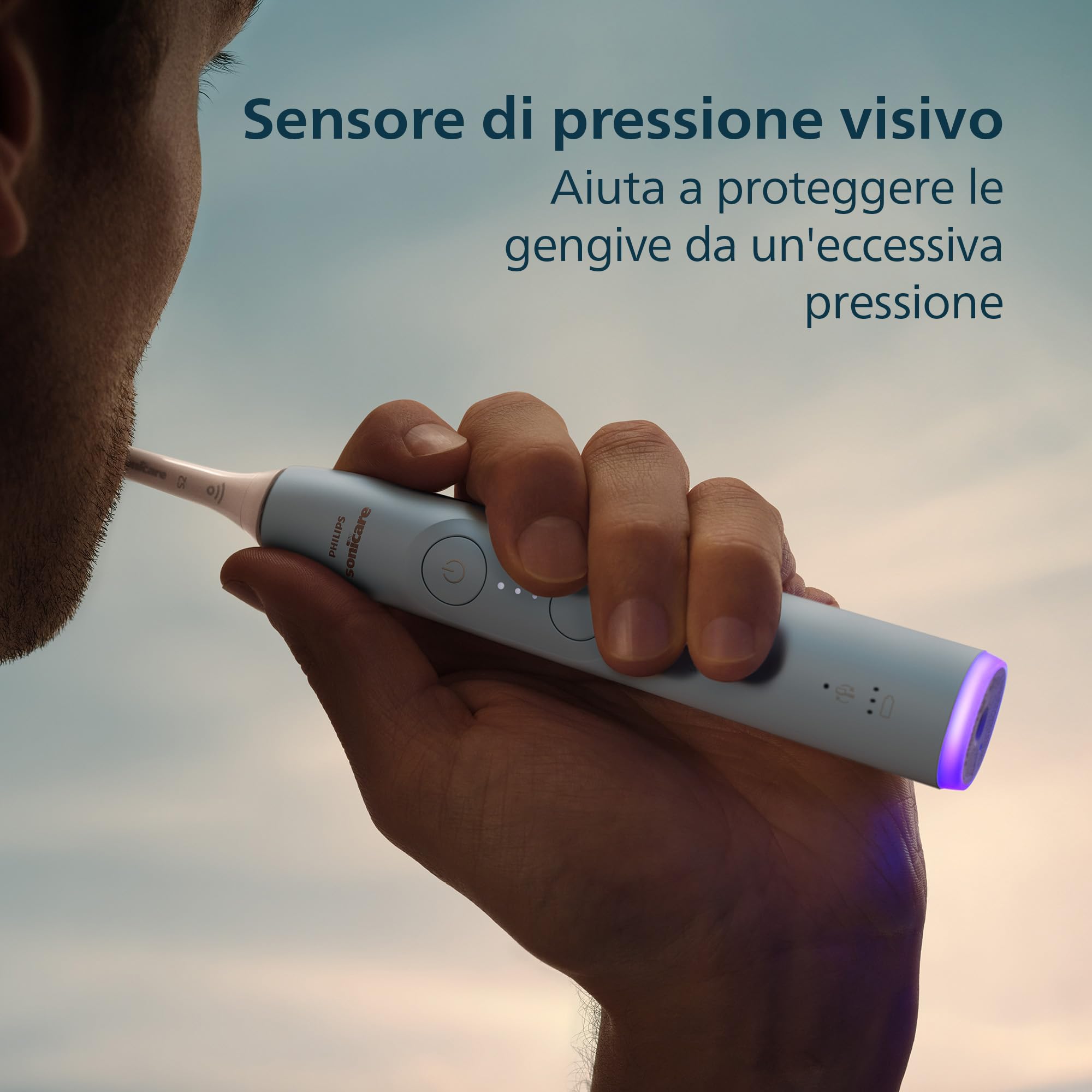 Philips Sonicare 6100, spazzolino elettrico sonico con 2 modalità di spazzolamento e 3 livelli di intensità, avviso di pressione, EasyStart, SmarTimer, azzurro, modello HX7406/02 [Nuova tecnologia]