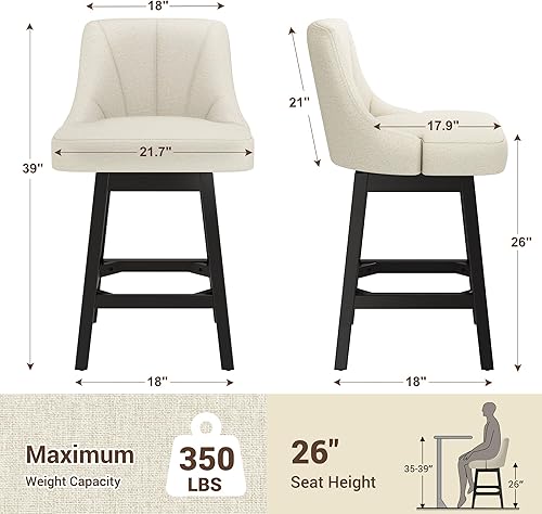 Miniatura 2 de Taburetes de bar giratorios con respaldos, 26 pulgadas de altura de mostrador, taburetes de bar tapizados de tela de lino extra con patas cuadradas
