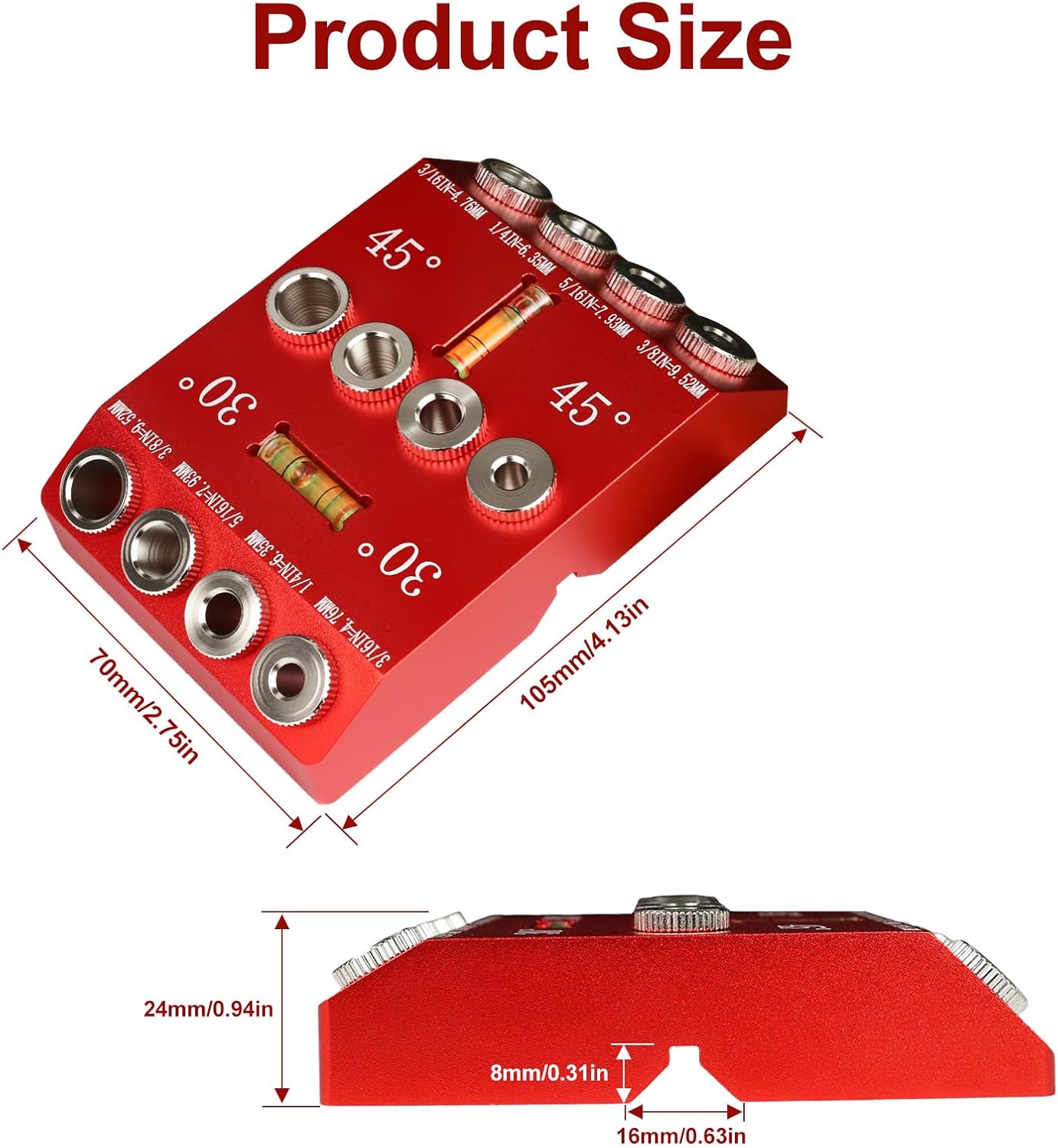 30/45/90° Angle Drill Guide Jig, Drill Guide for Straight or Angled Holes with Bubble Level, Portable Metal Drill Guide for Wood, Deck Railings, Posts, Includes 4 Drill Bits
