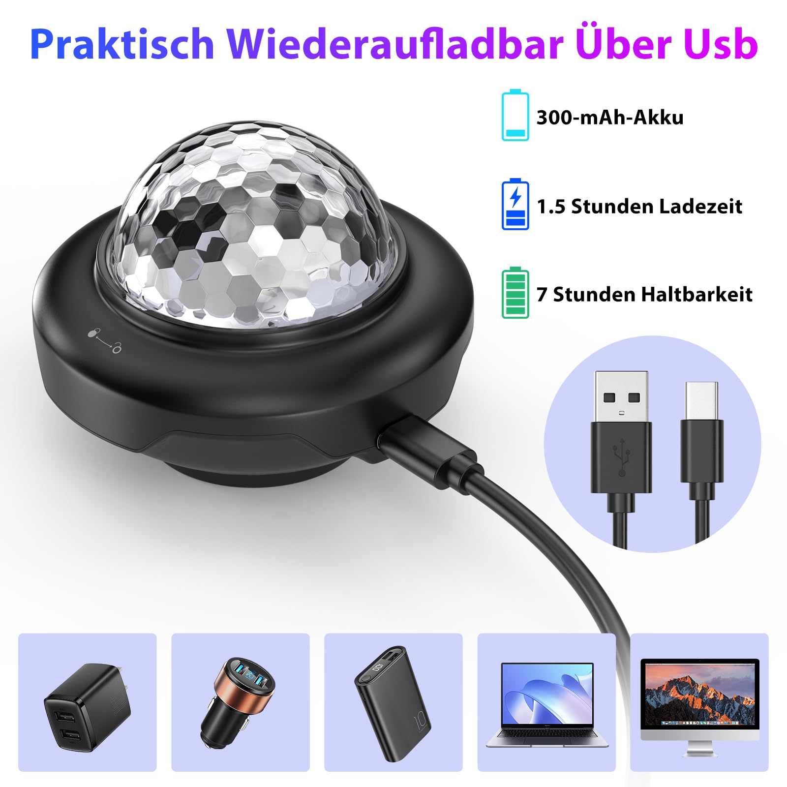 Mini bola de discoteca, SEBRUANC luz de discoteca, luz de fiesta, 300 mAh, batería integrada USB C, luz controlada por música, bola de DJ, bola con luz nocturna para fiestas, niños, cumpleaños