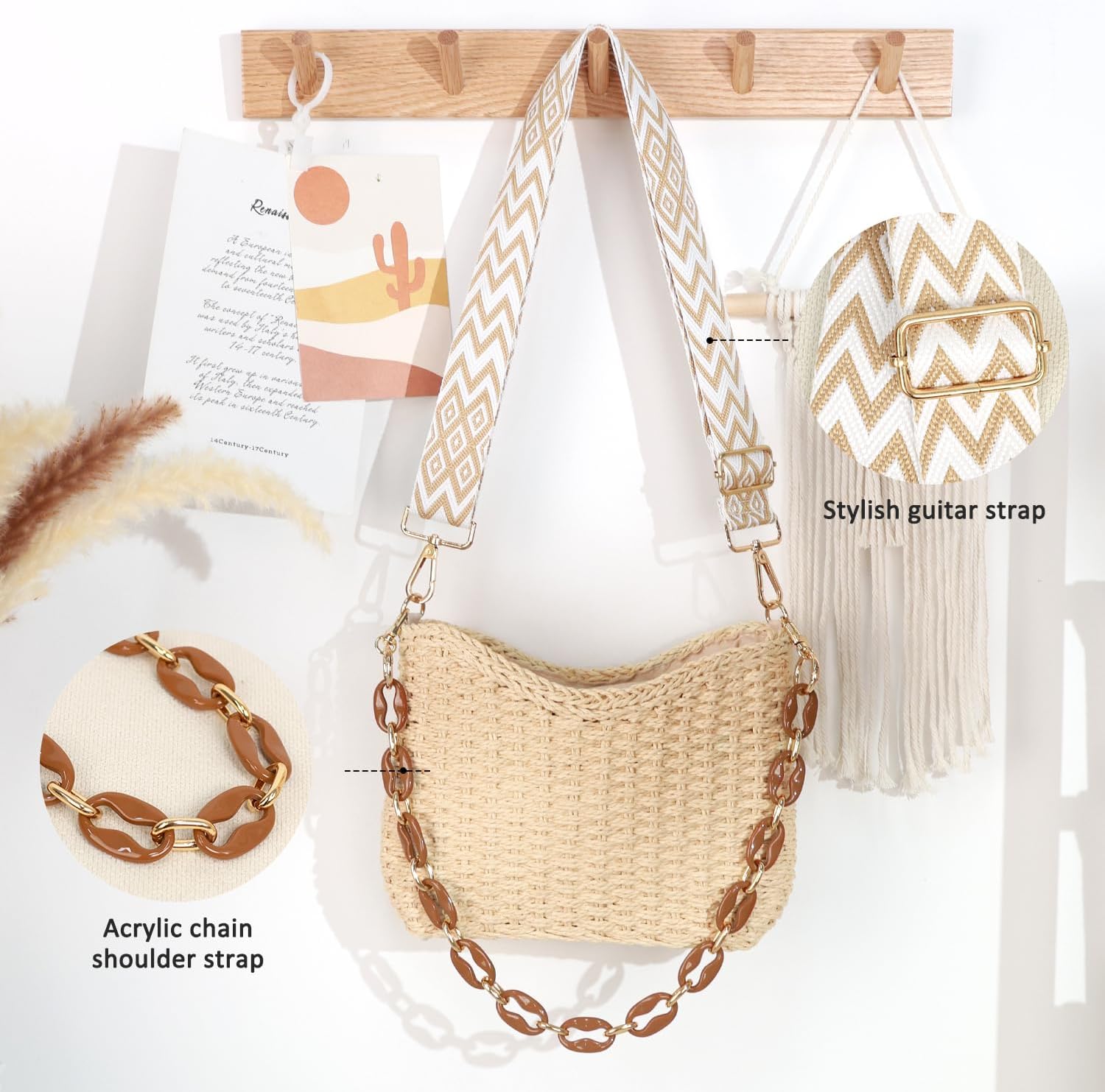 Straw Handbags Purses Crossbody Pocketbook Bag Casual Woven Beach Bags Summer Hobo Hippie Chic Tote Bags with Chain - Image 3