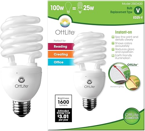 OttLite Bombilla de 25 W con rosca en remolino, bombillas fluorescentes compactas de repuesto, luz natural brillante para dormitorio, sala de estar,