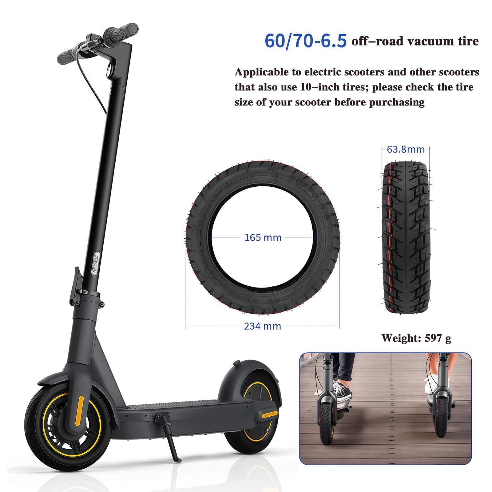 Pneu Tubeless AntidéFlagrant 60/70-6,5 10 Pouces, Roues De Rechange pour Trottinette, Pneu Tubeless Auto-RéParable, Pneu Tout-Terrain à Vide 60/70-6,5