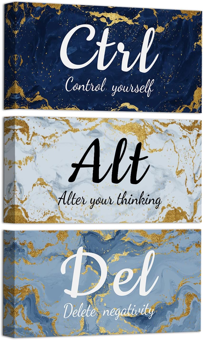 iKNOW FOTO 3 Pieces Blue Grey and Gold Wall Art CTRL ALT DEL Office Canvas Prints Marble Inspirational Quotes Motivational Wall Decor Each Panel 6x12''