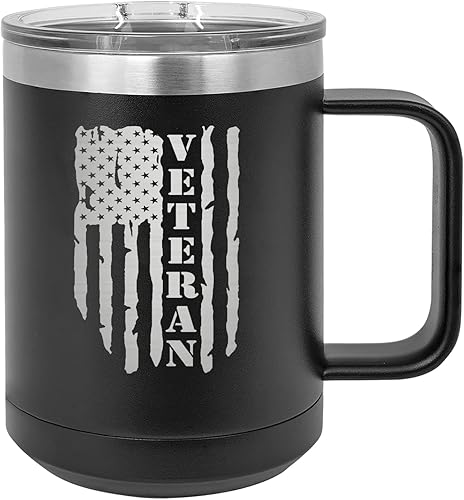 Rogue River Tactical Taza de café negra de acero inoxidable con tapa con diseño de veterano de la bandera estadounidense de Estados Unidos, gran