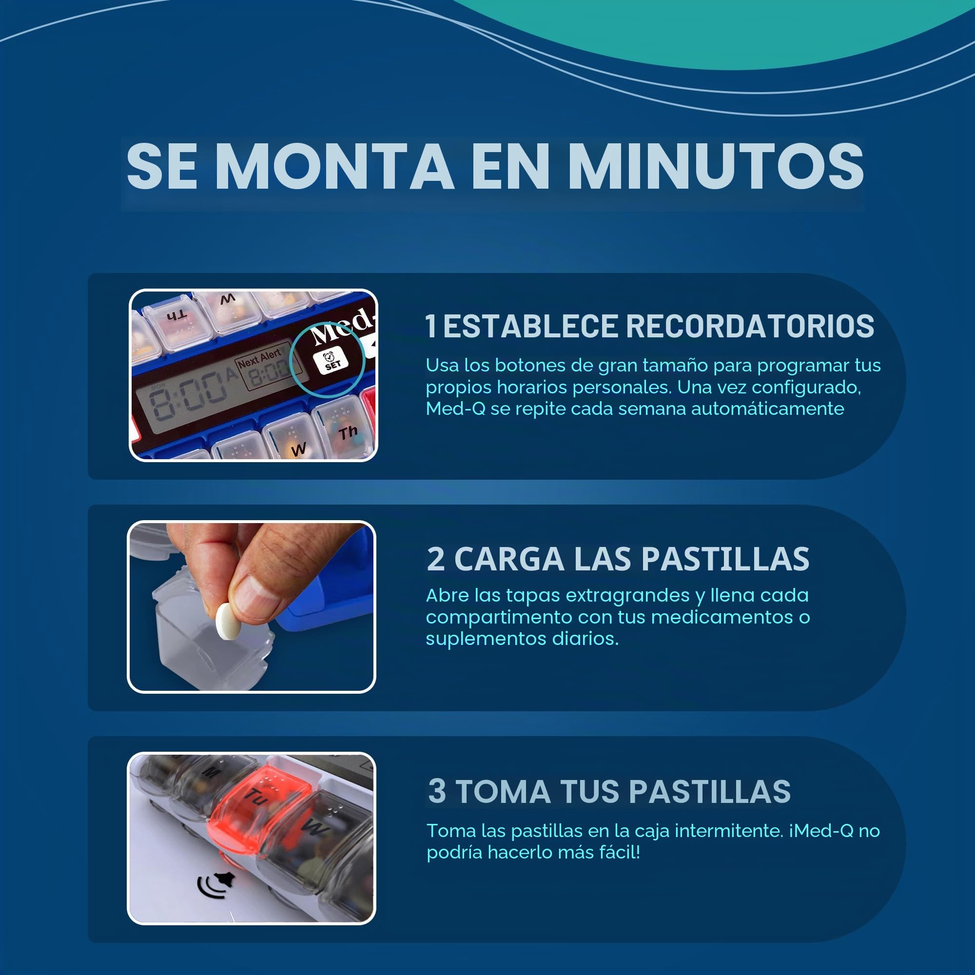Med-Q Pastillero digital con alarmas, organizador de píldoras con luces intermitentes y recordatorios de pitidos, dispensador mensual de píldoras para personas mayores, demencia, Alzheimer