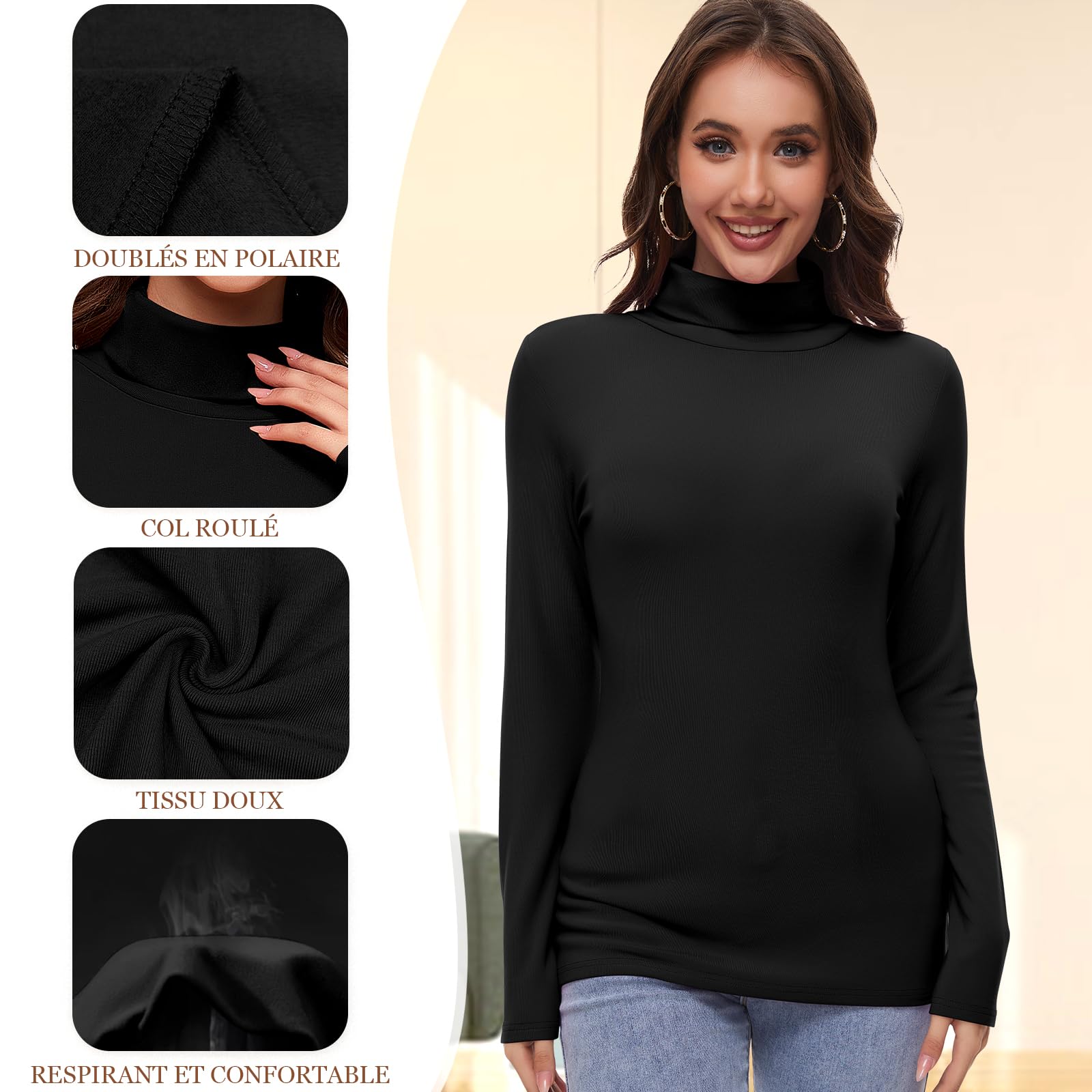 YARRCO Haut Thermique Femme Manche Longue Col roulé Casual sous-vêtements Thermiques Chaud & Léger Ski sous Pull t Shirt Hiver Doux et Confortable