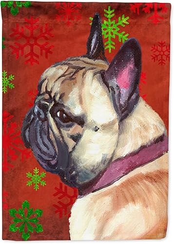 Caroline's Treasures LH9580GF - Bandera decorativa para jardín, diseño de bulldog francés, diseño de copos de nieve rojos, para exteriores, patio,