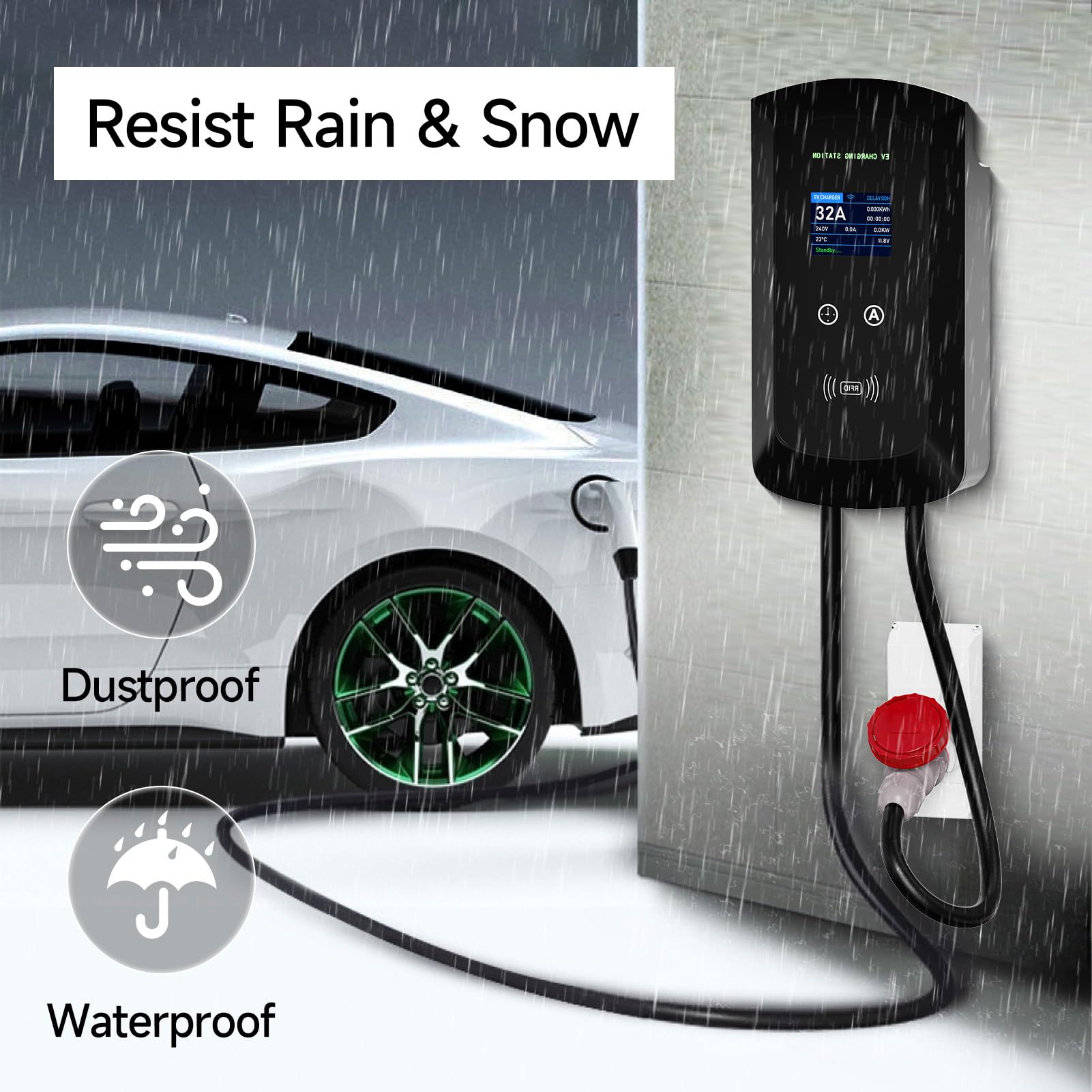 Ładowarka EV Smart App z 8-32A typ 2 22 kW, kabel do ładowania 5 m z uchwytem na ładowarkę, sterowanie aplikacją CEE 3-fazowa wtyczka do wszystkich pojazdów elektrycznych i PHEV