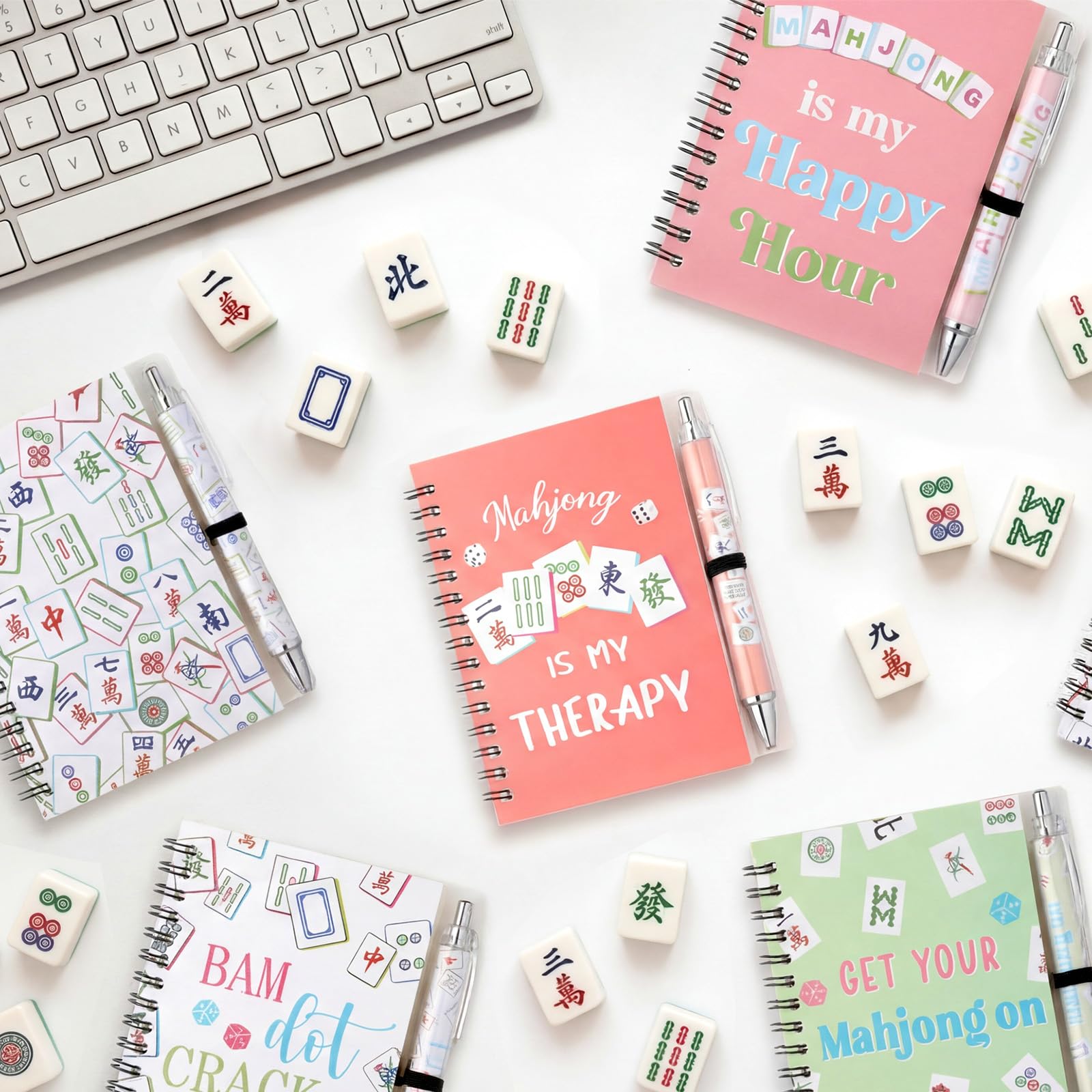 Resurhang Lot de 24 pièces/12 ensembles de cadeaux pour amoureux de Mahjong comprenant 12 carnets à spirale et 12 stylos à bille rétractables – Cadeaux amusants pour Mahjong – Cadeaux amusants pour