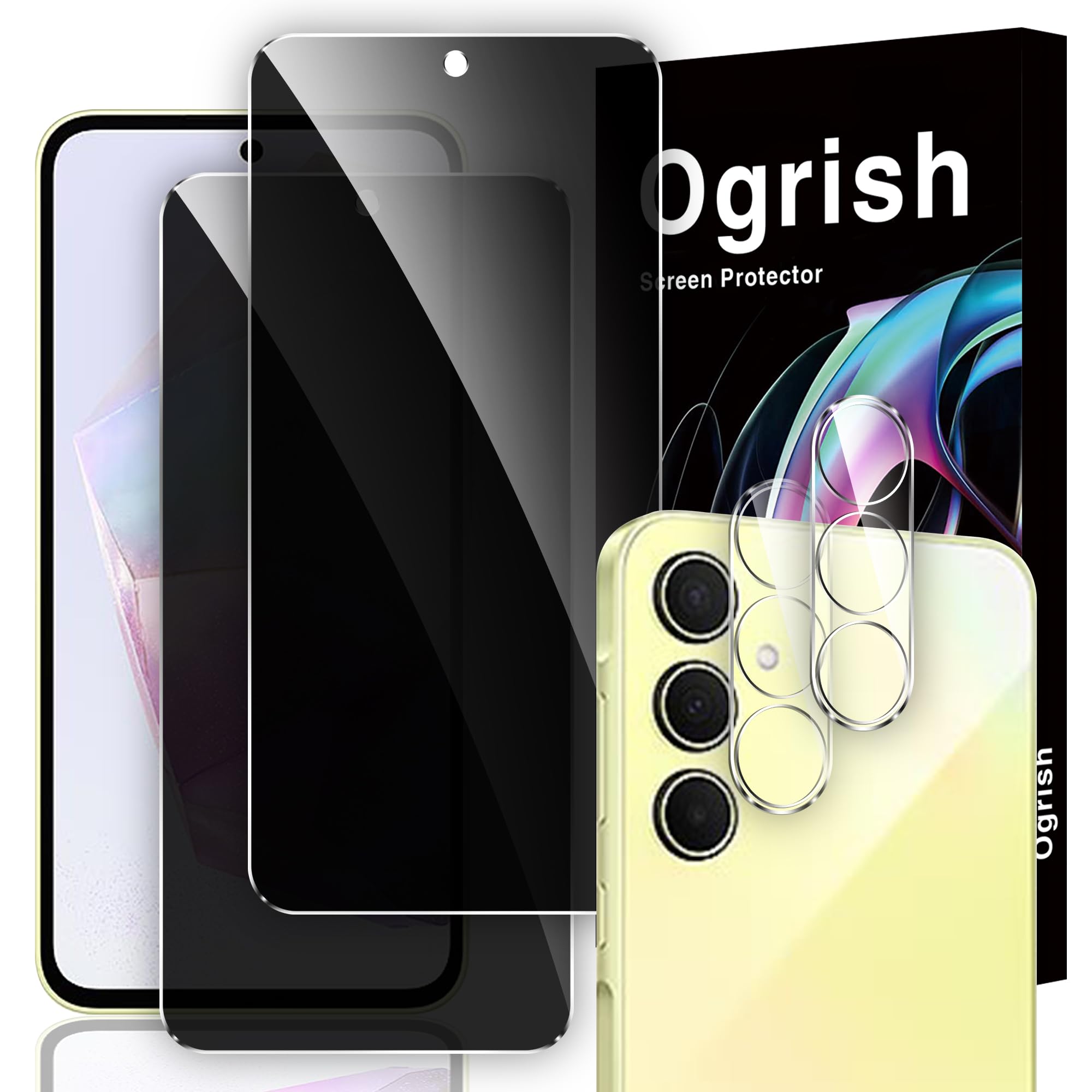 Ogrish 2+2 Pack Privacy Tempered Glass Screen Protector for Samsung Galaxy A35 5G - and 2 Pack Camera Lens Protector - Anti-Fingerprint,Shatter Proof,