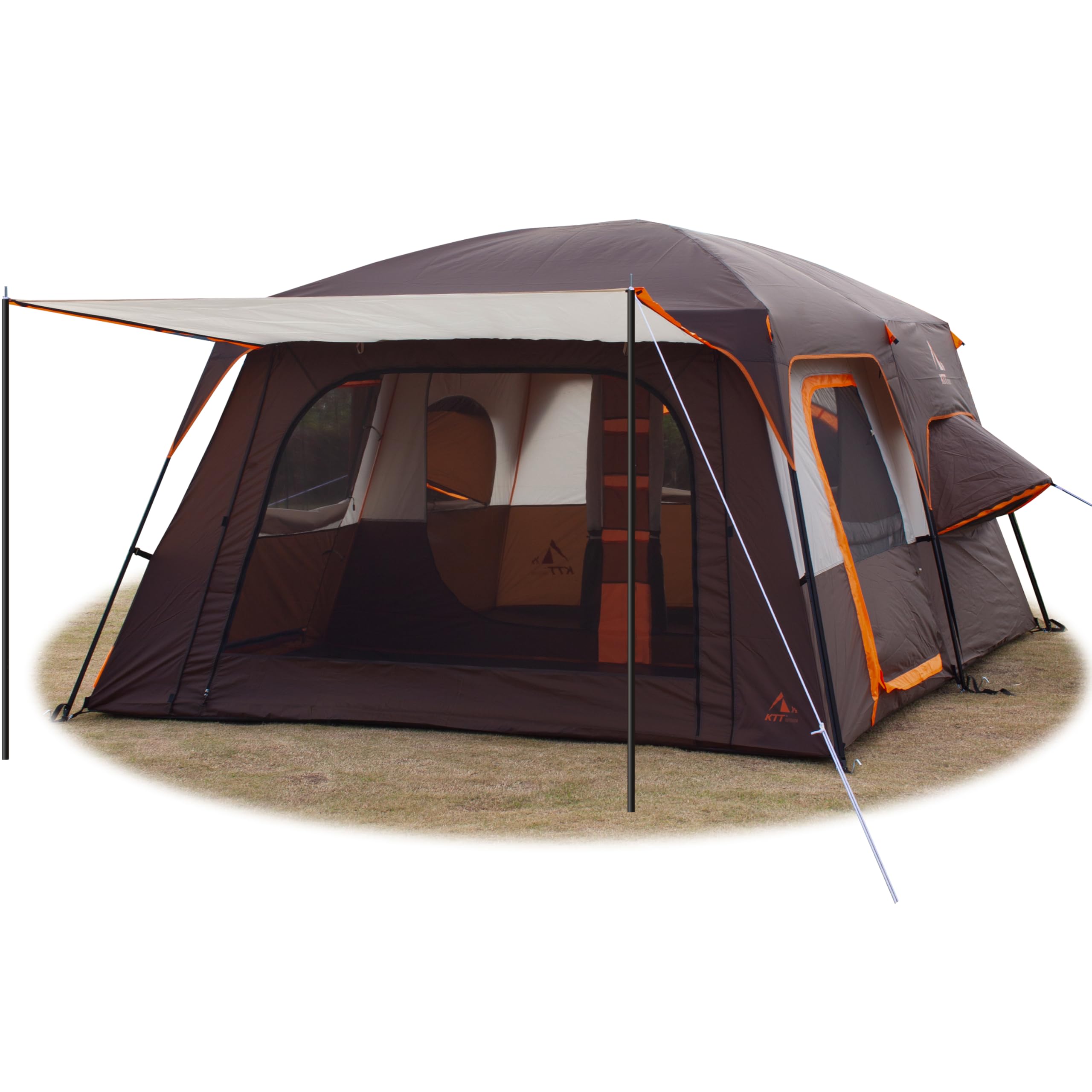 KTT Large Family Cabin Tent 10 Person,14.1X10X6.58ft,2 Rooms,3 Storage Pockets,2 Bay-Windows 3 Doors and 3 Windows with Mesh,Straight Wall,Waterproof,Double Layer,Big Tent for Outdoor,Camping