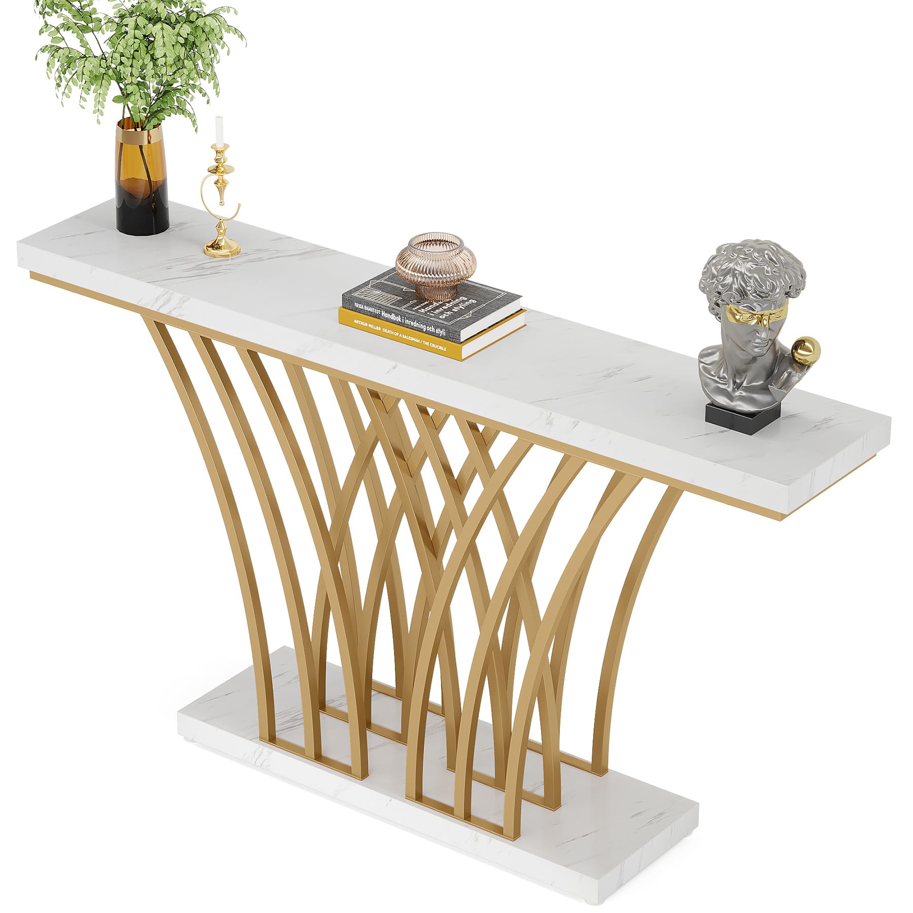 LITTLE TREE Narrow Entryway Console Table,Faux Marble White+Gold
