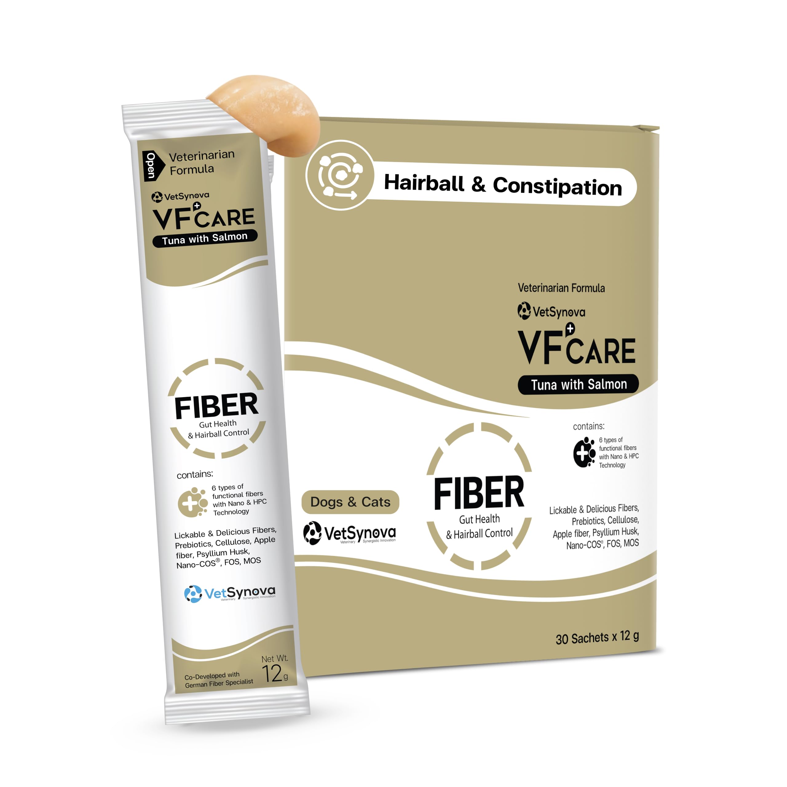 Fiber for Cats & Dogs – Tuna with Salmon – Cat Hairball Remedy & Cat Constipation Relief – 6 Functional Fibers with Prebiotics for Gut Health, Hairball Control – 30 Sachets