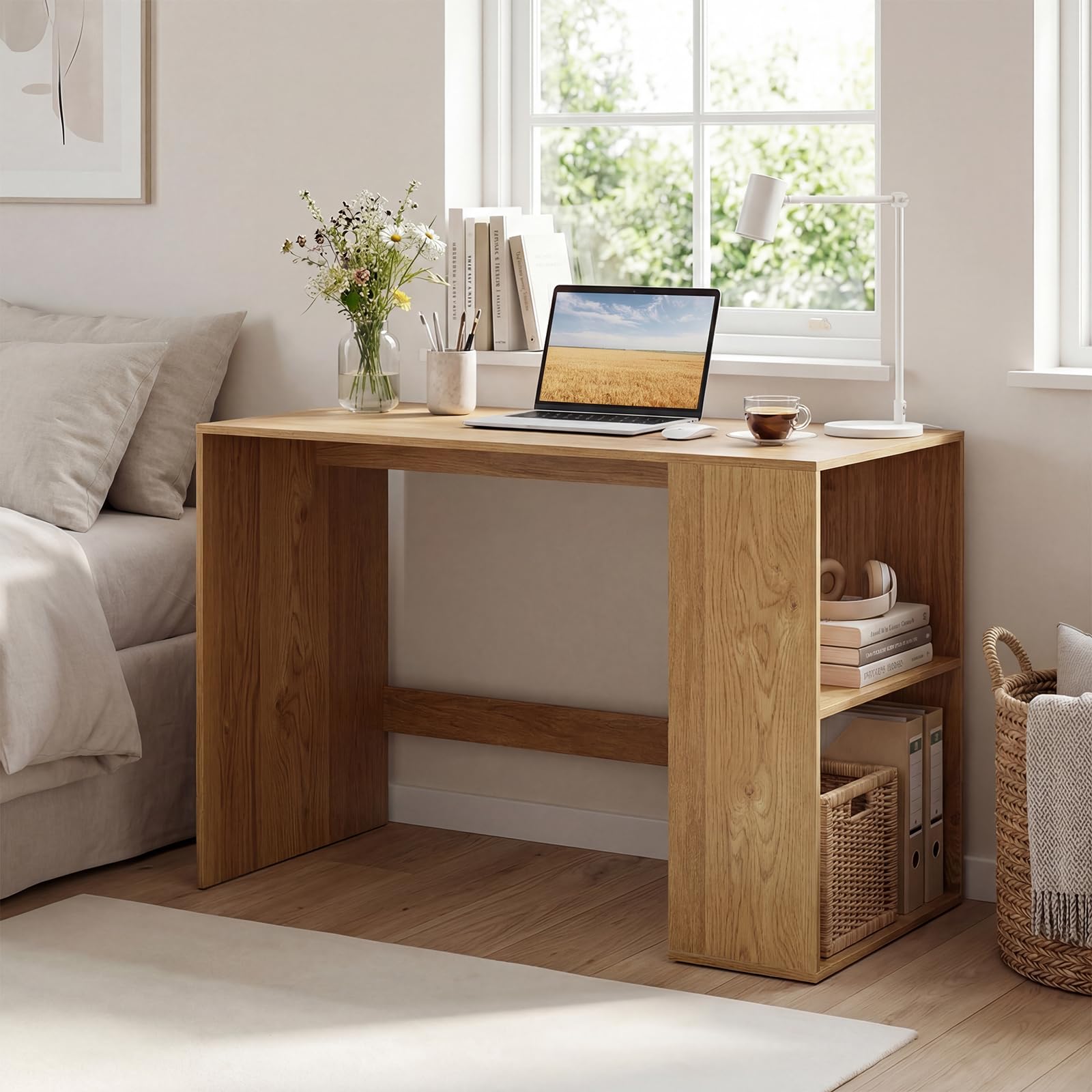 COSTWAY Escritorio con 2 Estantes Abiertos，112 x 60 cm, Mesa Escritorio Pequeño de Madera, Escritorio Ordenador Oficina despacho Dormitorio (Natural)