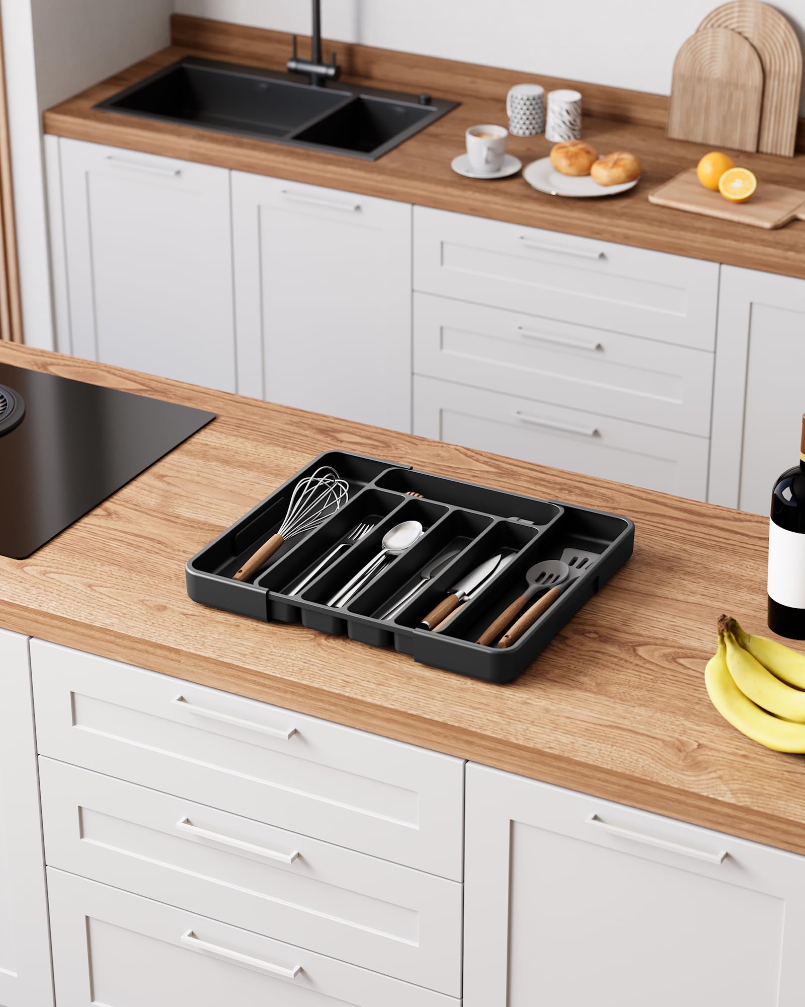 Organizador de cajones de cubiertos para cocina, bandeja de cubiertos ajustable para clasificación de utensilios sin esfuerzo, solución versátil de almacenamiento y organización de cocina 3