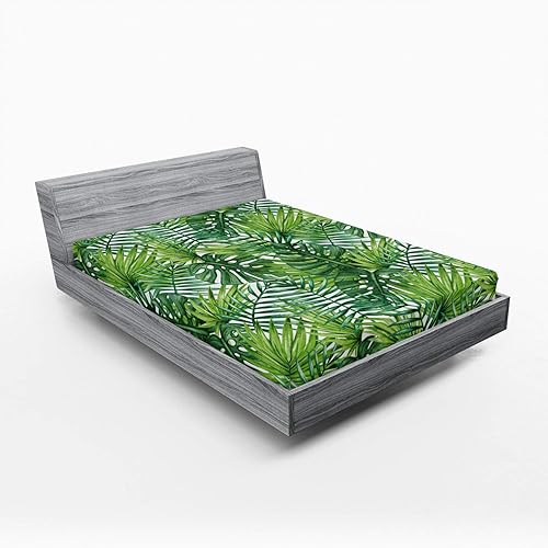 Ambesonne Sábana bajera ajustable de hojas, diseño de hojas de palmera de bosque exótico tropical, diseño de acuarela, funda de cama con bolsillo