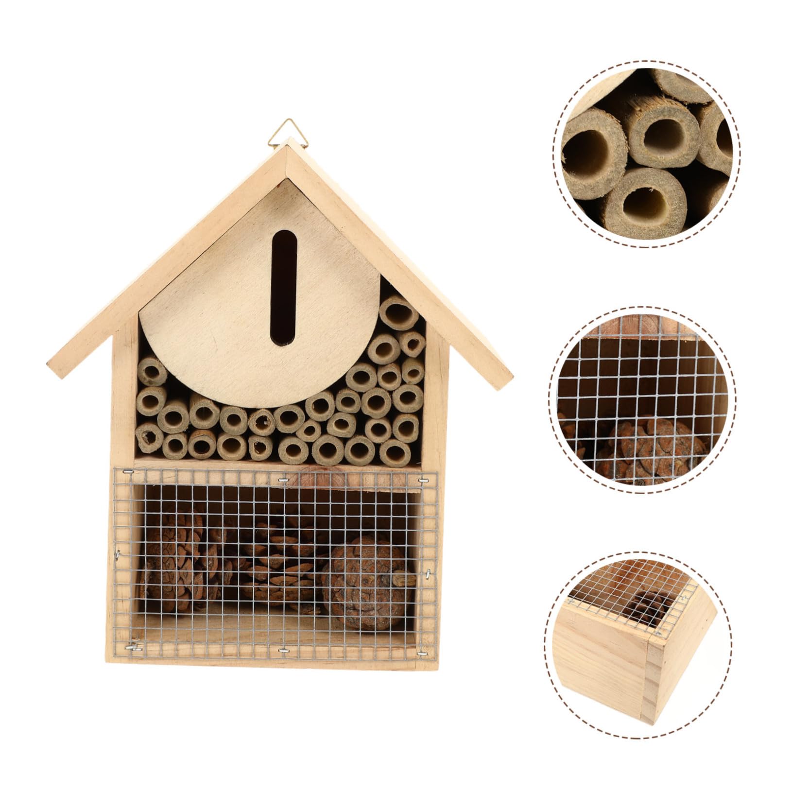 Naturholz Bienenhaus zum Aufhängen mit Haken Wildbienen Nisthilfe und Insektenhaus Wetterfestes Holz Insektenhotel für Garten Balkon Bienenfreundlicher Unterschlupf und Brutstätte