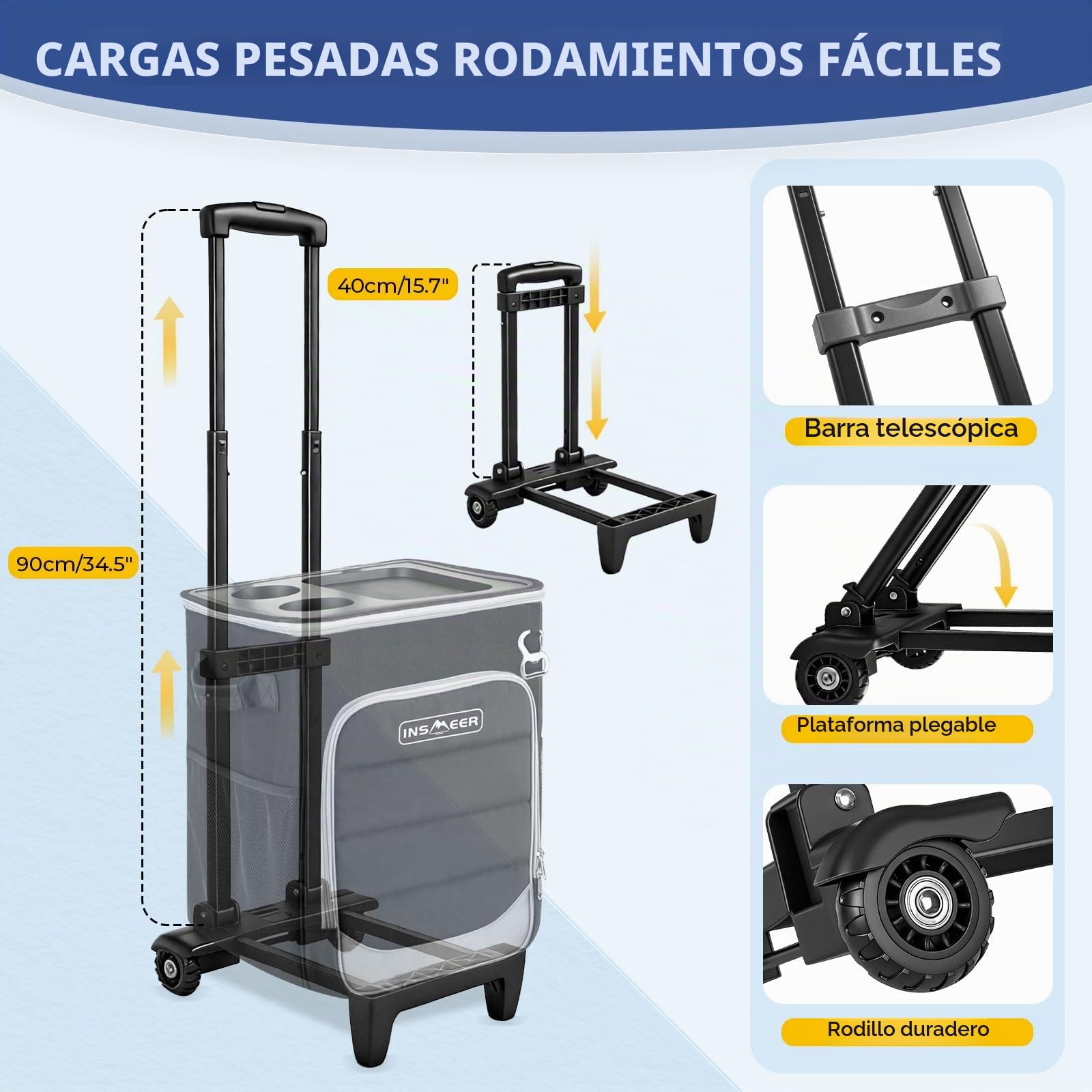 INSMEER Enfriador 2 en 1 con ruedas, 50 latas, plegable, con lados suaves, parte superior dura con 2 portavasos, bolsa térmica con ruedas 100% a prueba de fugas para playa, camping al aire libre