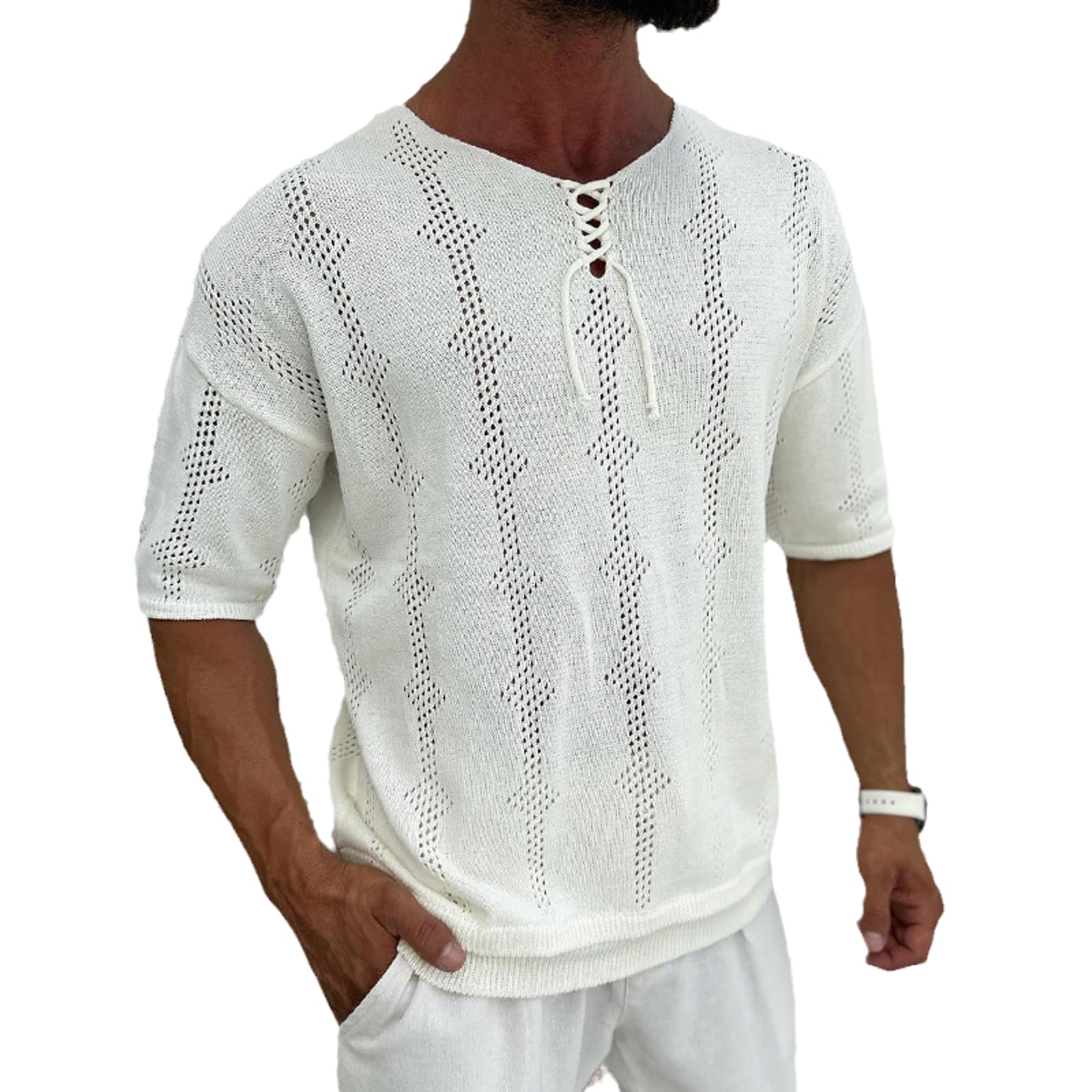 Men's Retro LaceUp Knit TShirt Street Fashion Casual Round Neck Short Sleeve TShirt Summer Beach Vacation Cutout Pullover Top